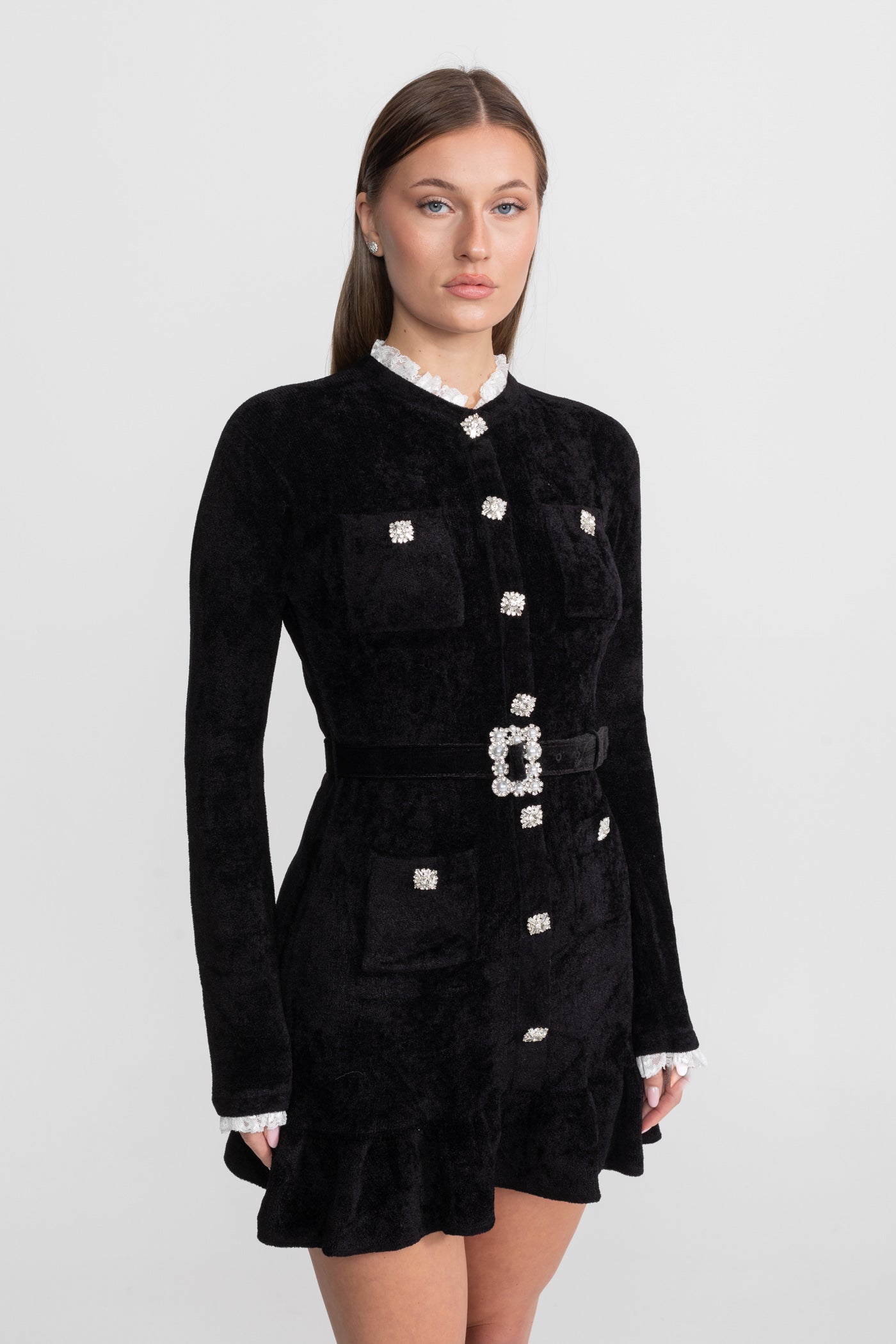 Knit Crystal-Button Mini Dress With Matching Belt – Black