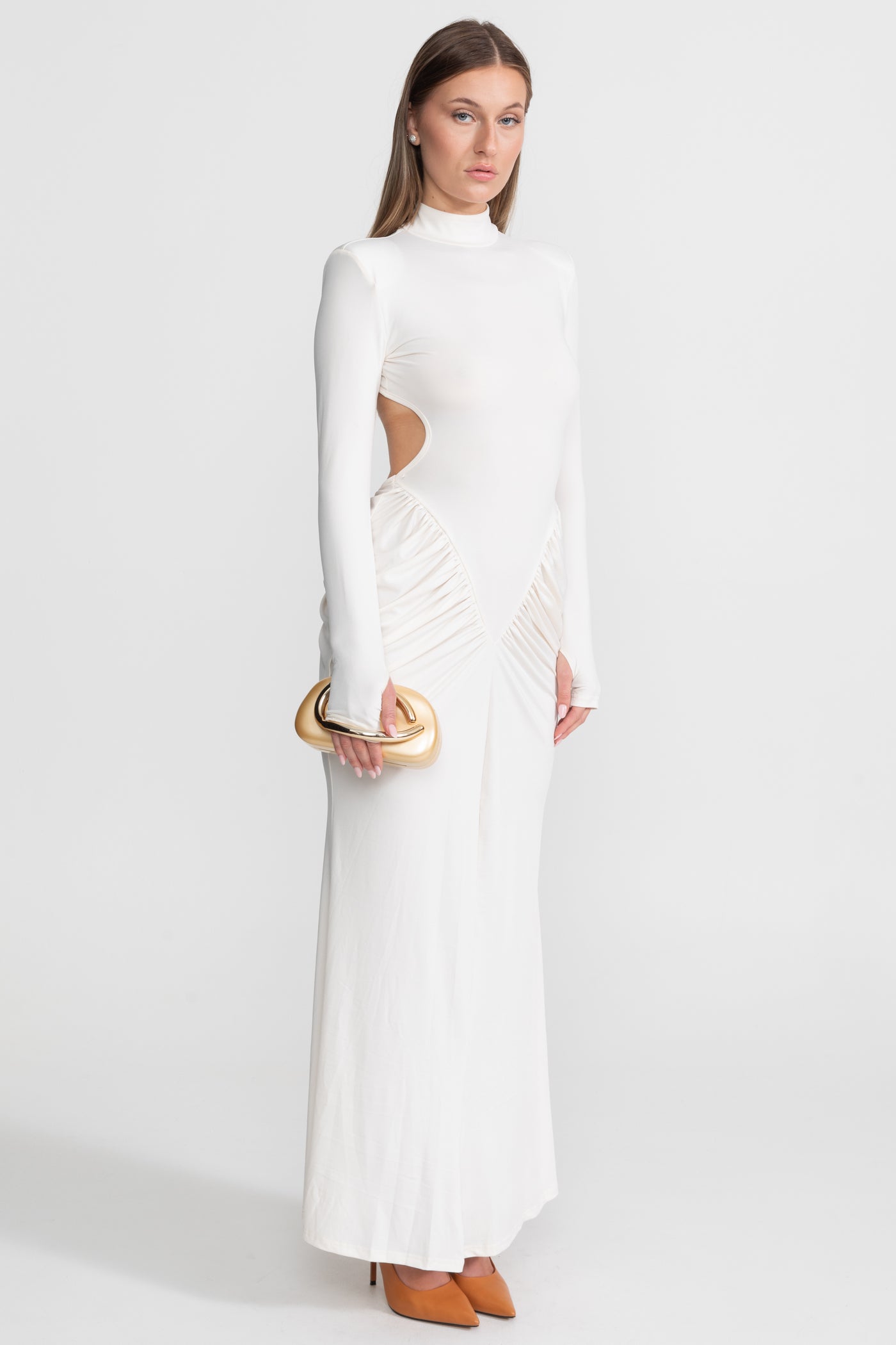 Robe Maxi Plissée avec Découpes Latérales – Blanc 