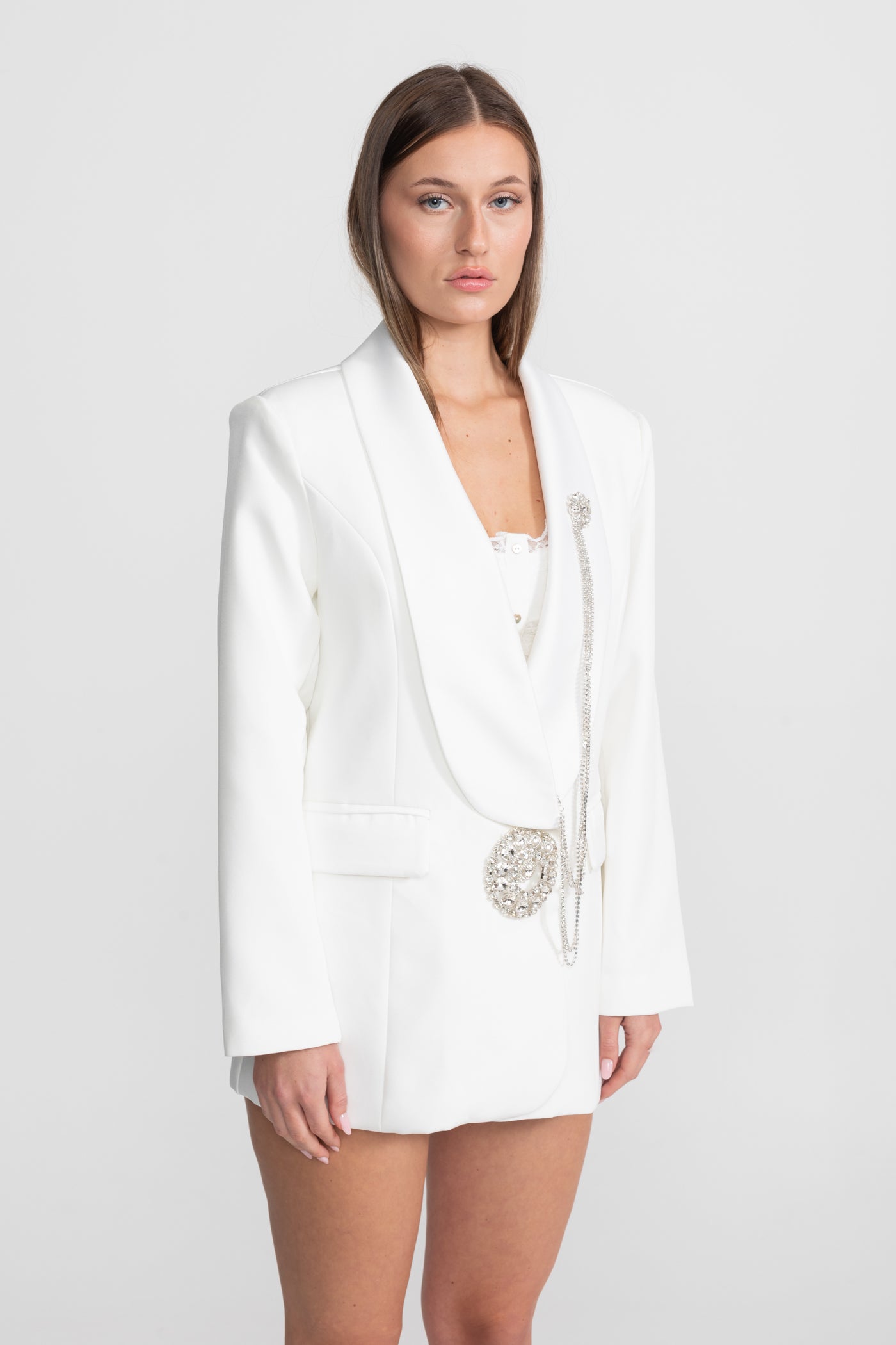 Crystal Brooch Blazer With Shawl Lapels – White