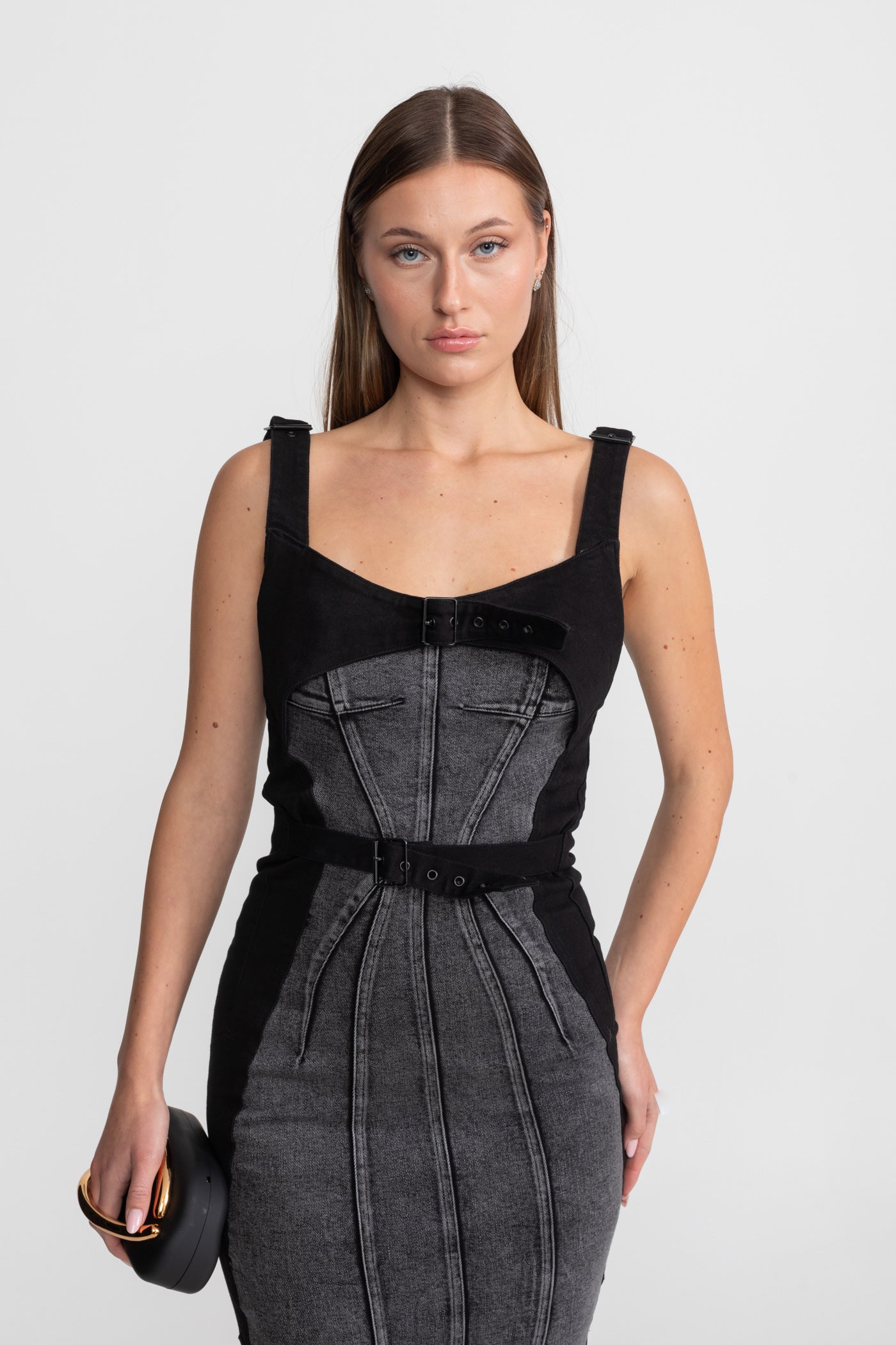 Panelled Denim Midi Dress With Buckled Belts – Charcoal