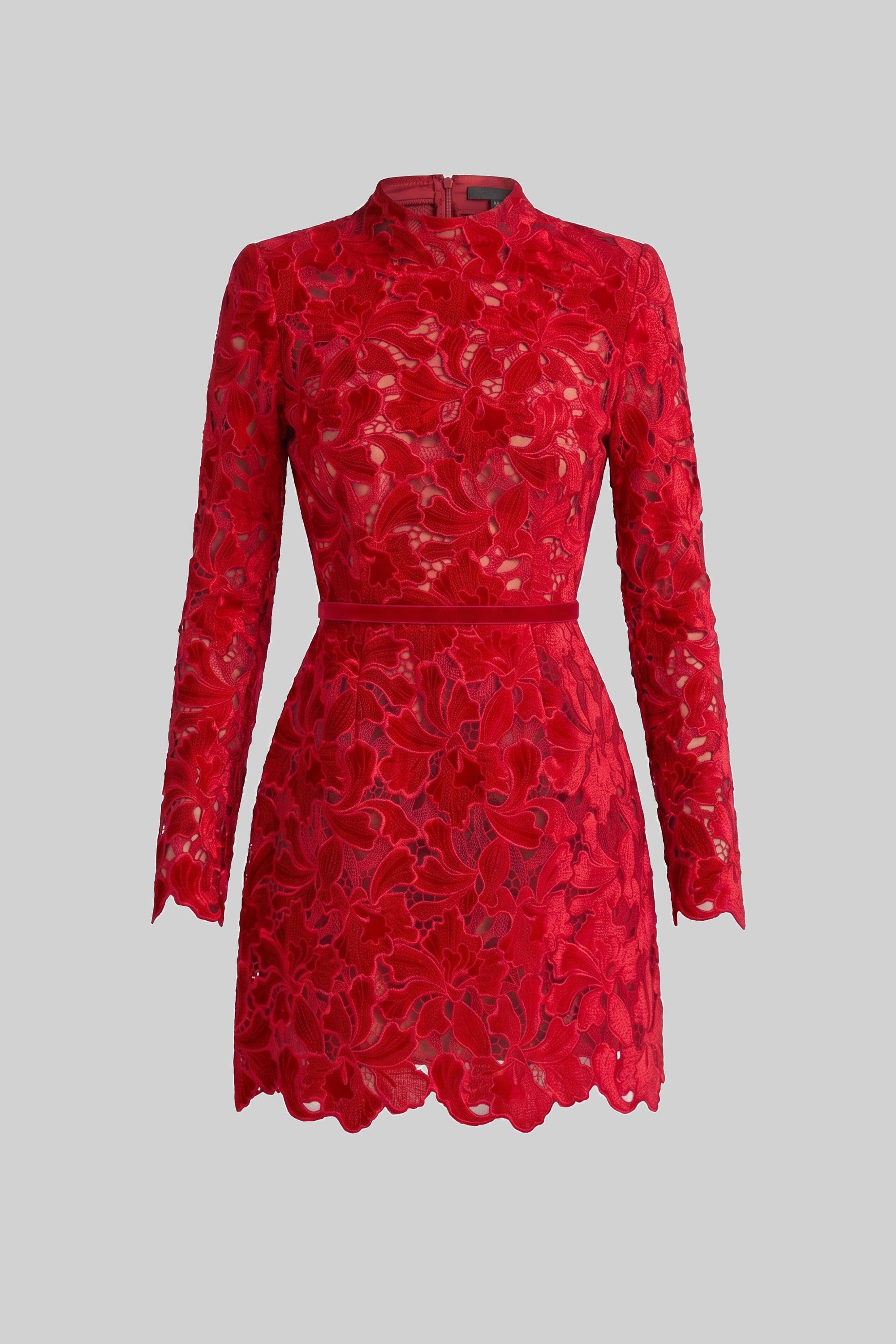 Robe mini en dentelle à manches longues avec col montant et ourlet festonné - Rouge 