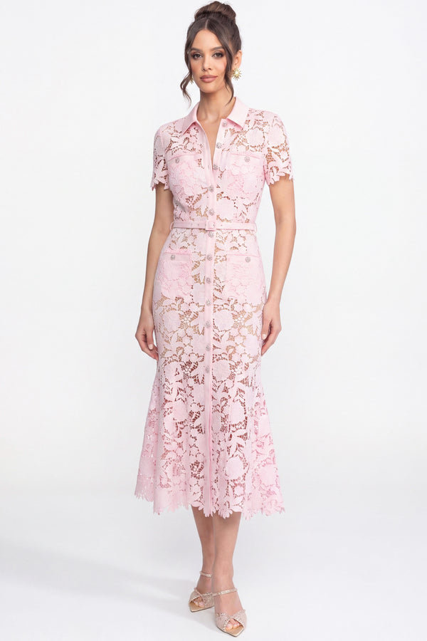 Robe midi en dentelle à manches courtes avec col chemise et taille ceinturée - Rose 