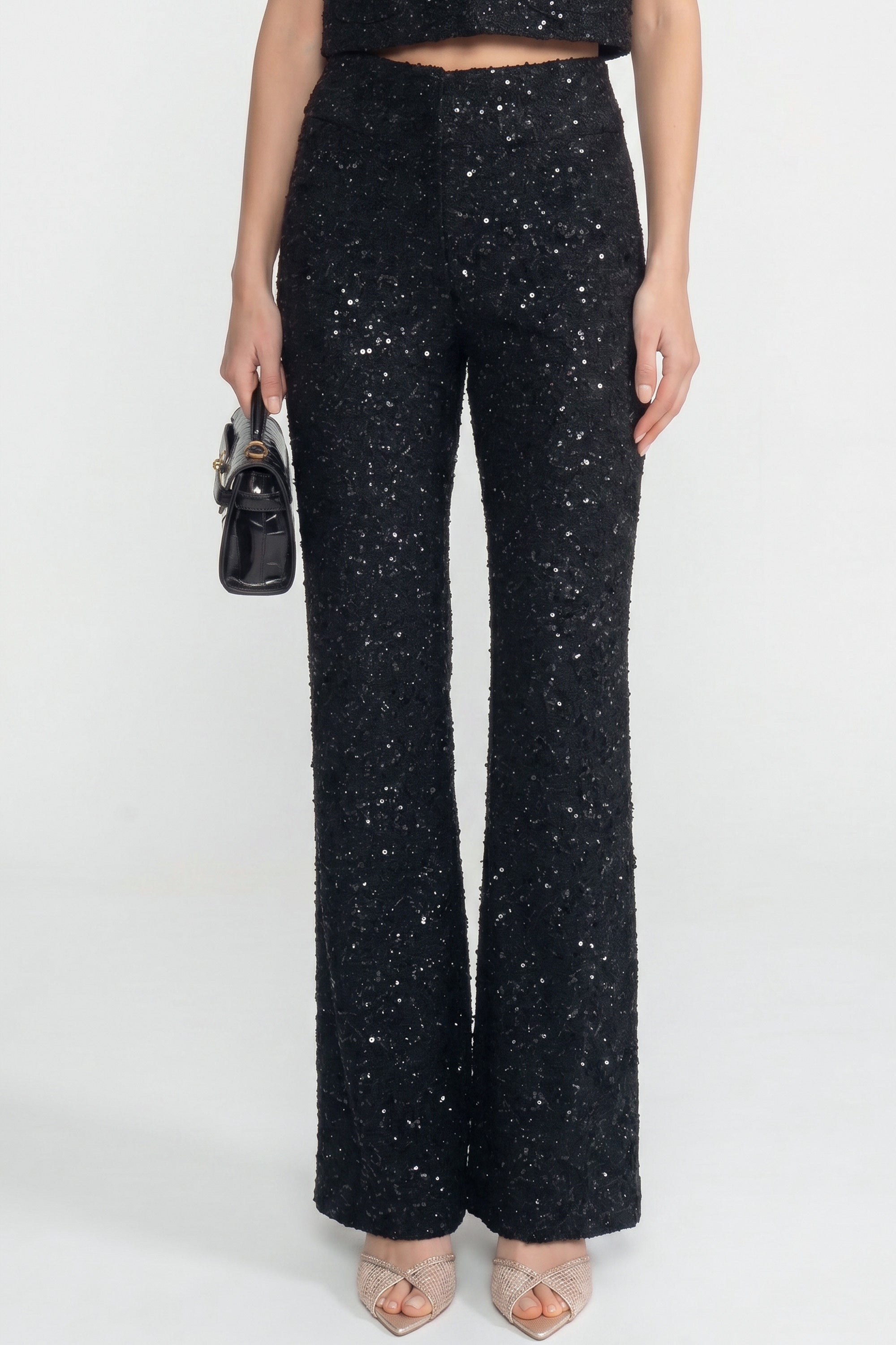Pantalon large en tweed avec détail pailleté - Noir 