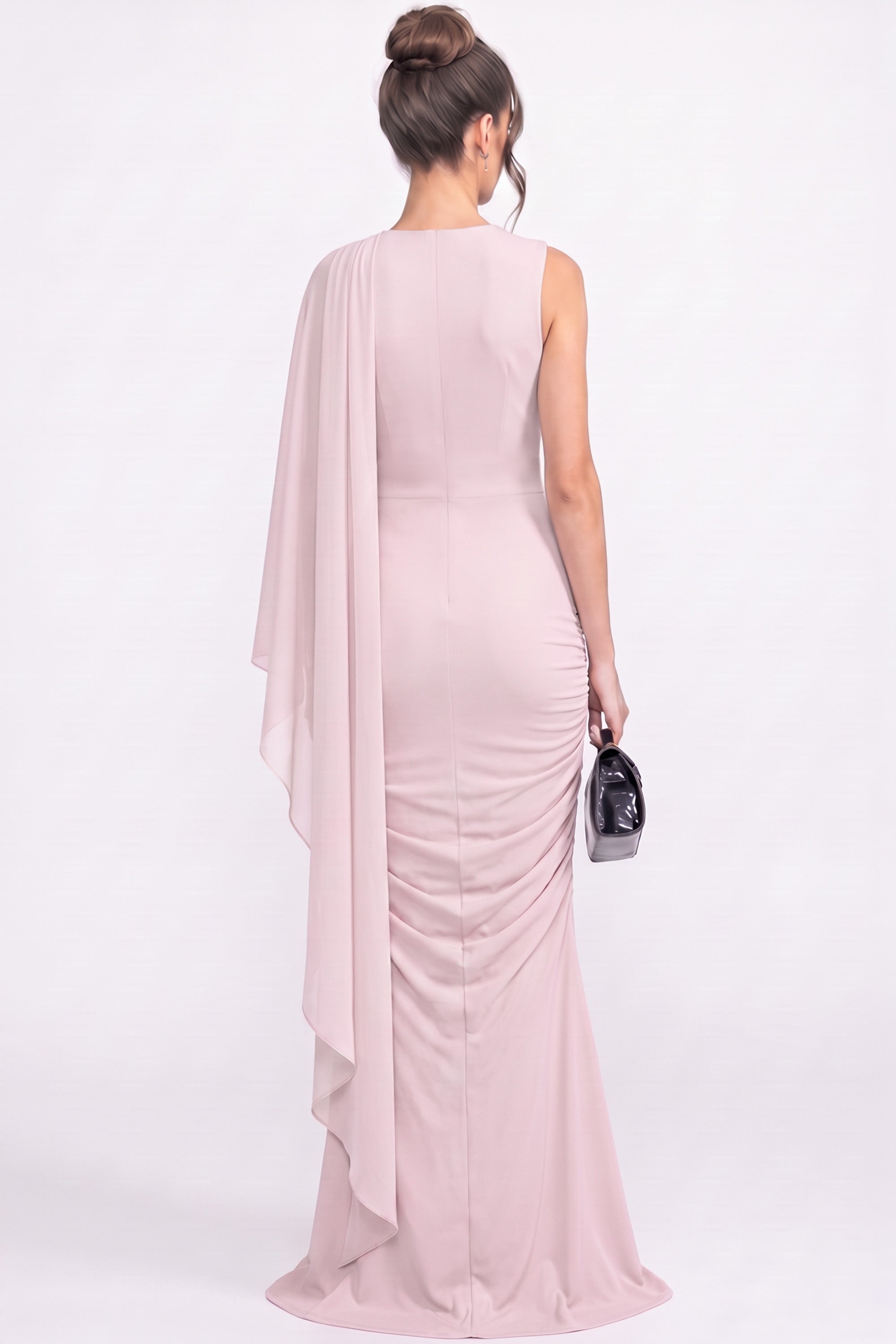 Robe longue drapée à une épaule avec détail écharpe transparente - Rose 