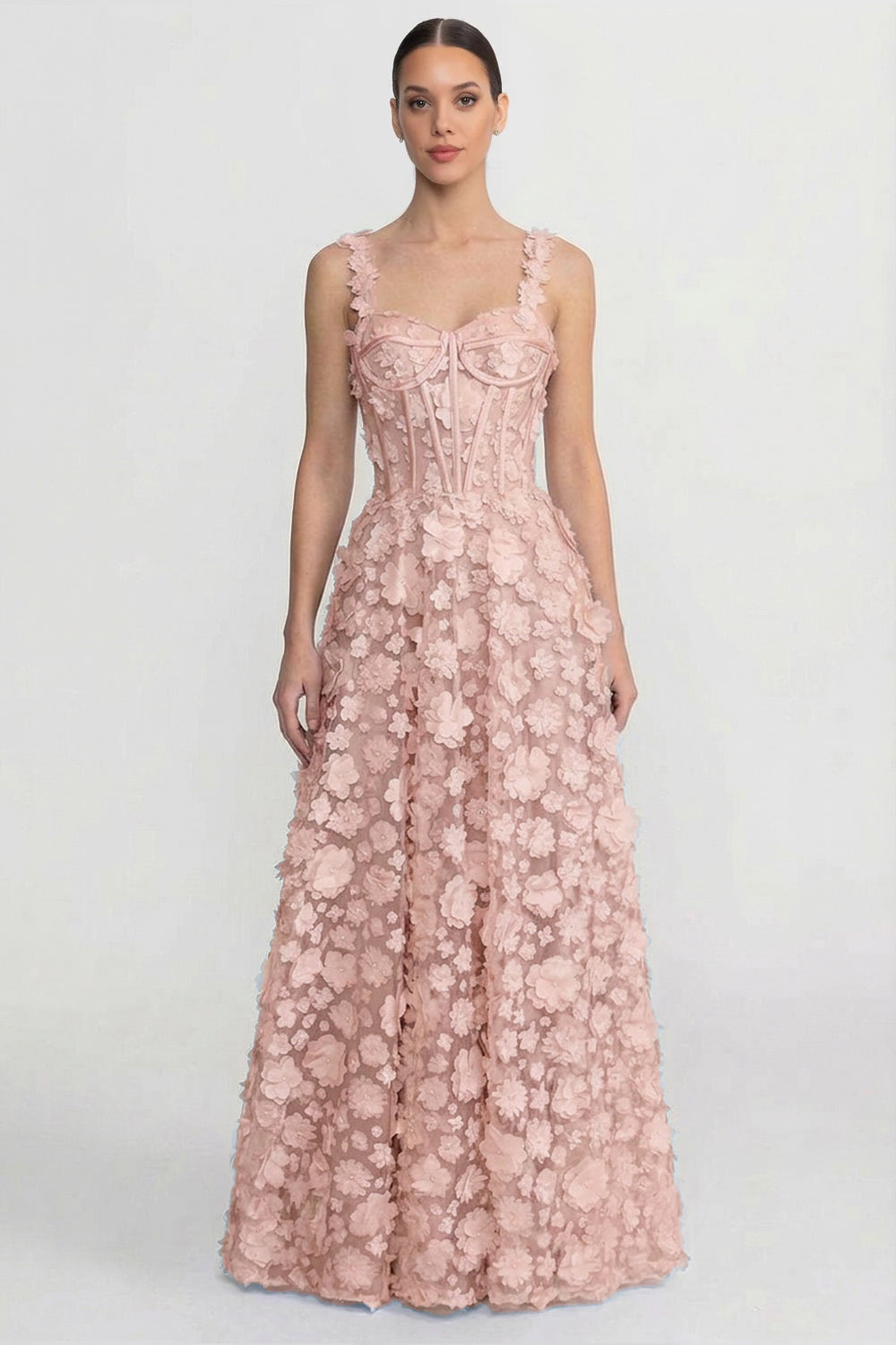Robe longue à appliqués floraux avec bustier corseté - Rose 