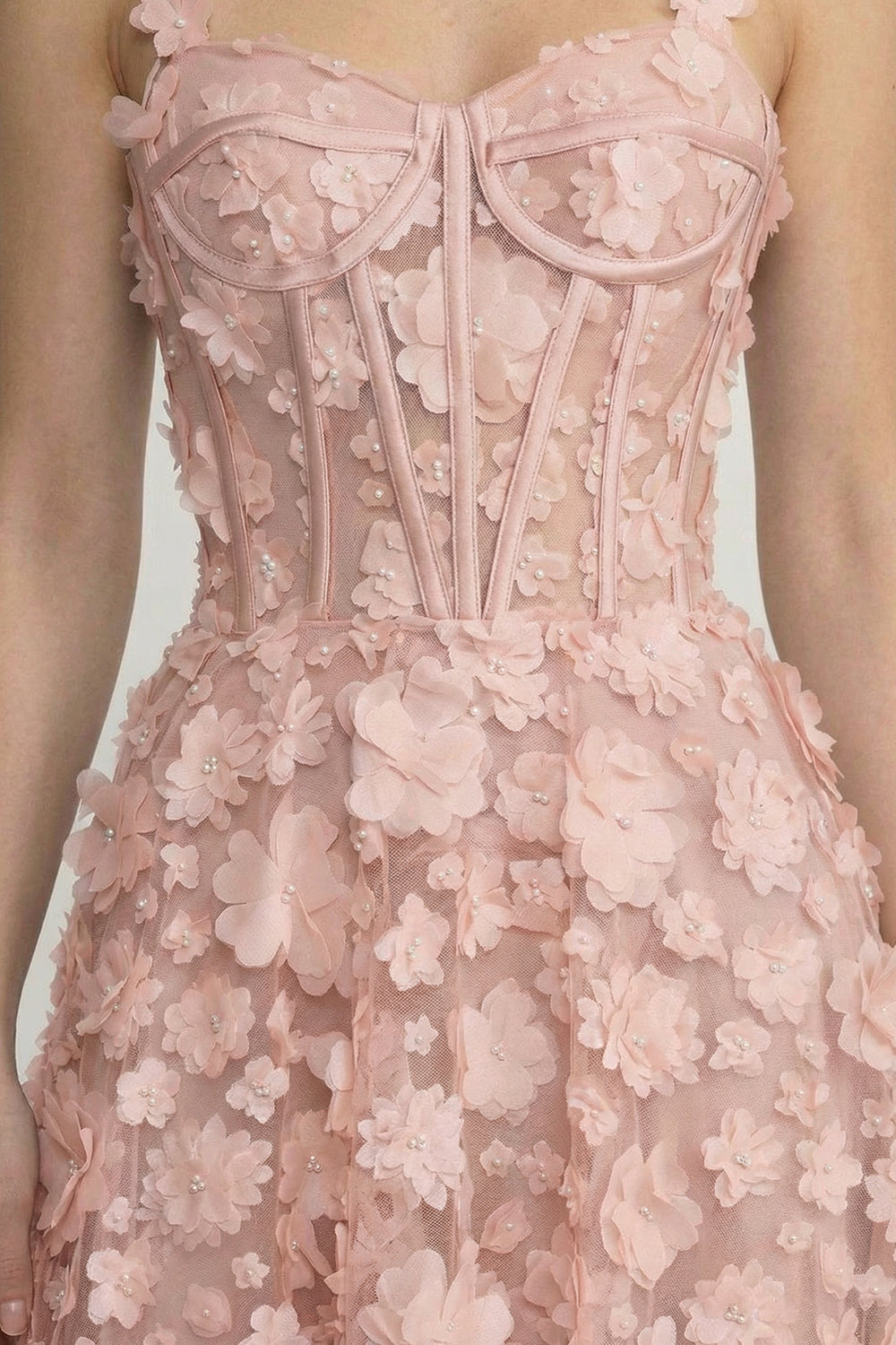 Robe longue à appliqués floraux avec bustier corseté - Rose 