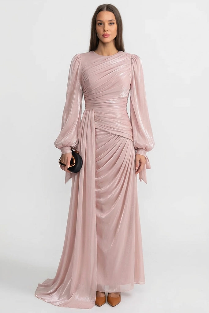 Robe longue drapée à manches longues avec taille froncée – Blush Pink 