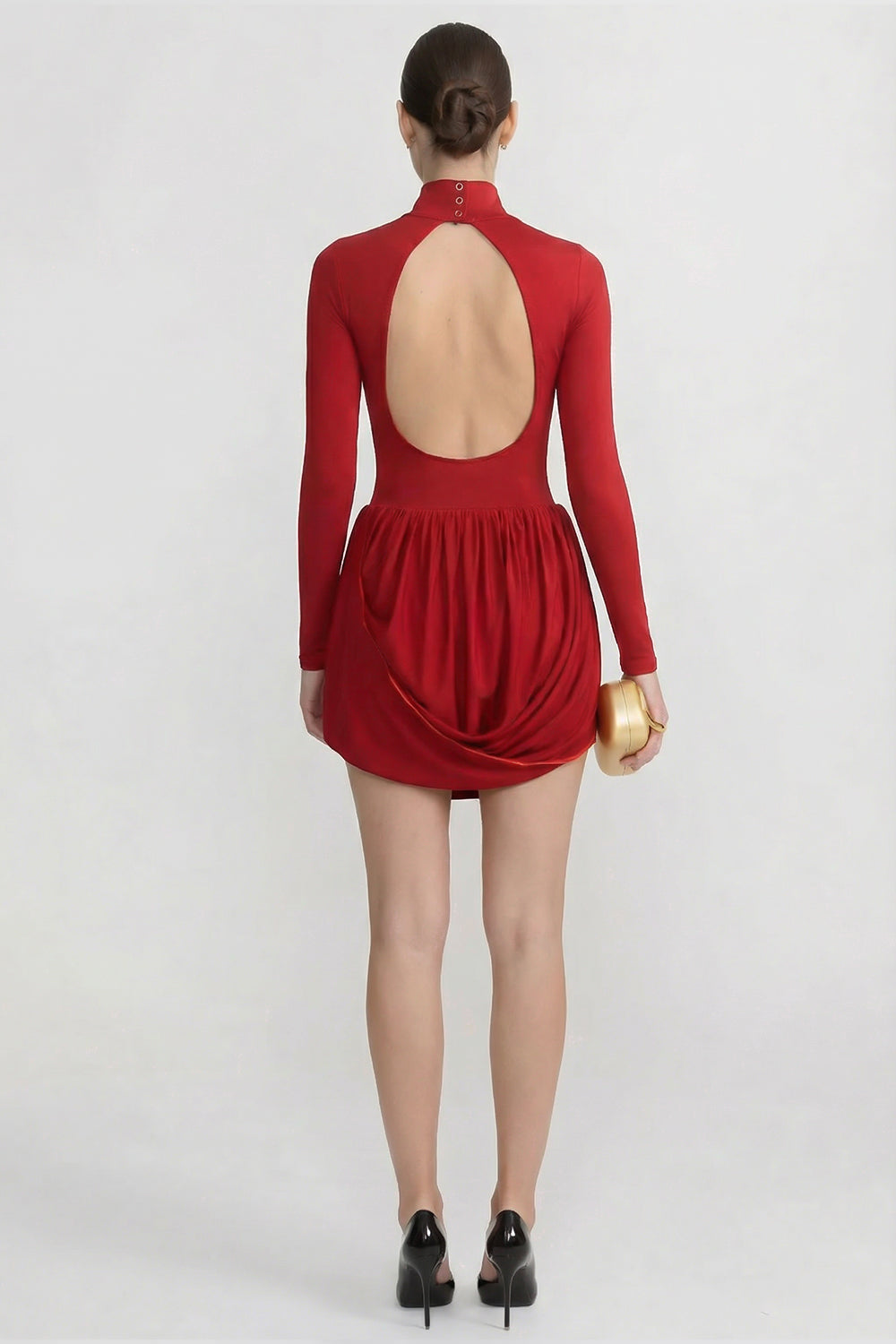Robe Mini à Manches Longues avec Jupe Bouffante Drapée - Rouge 