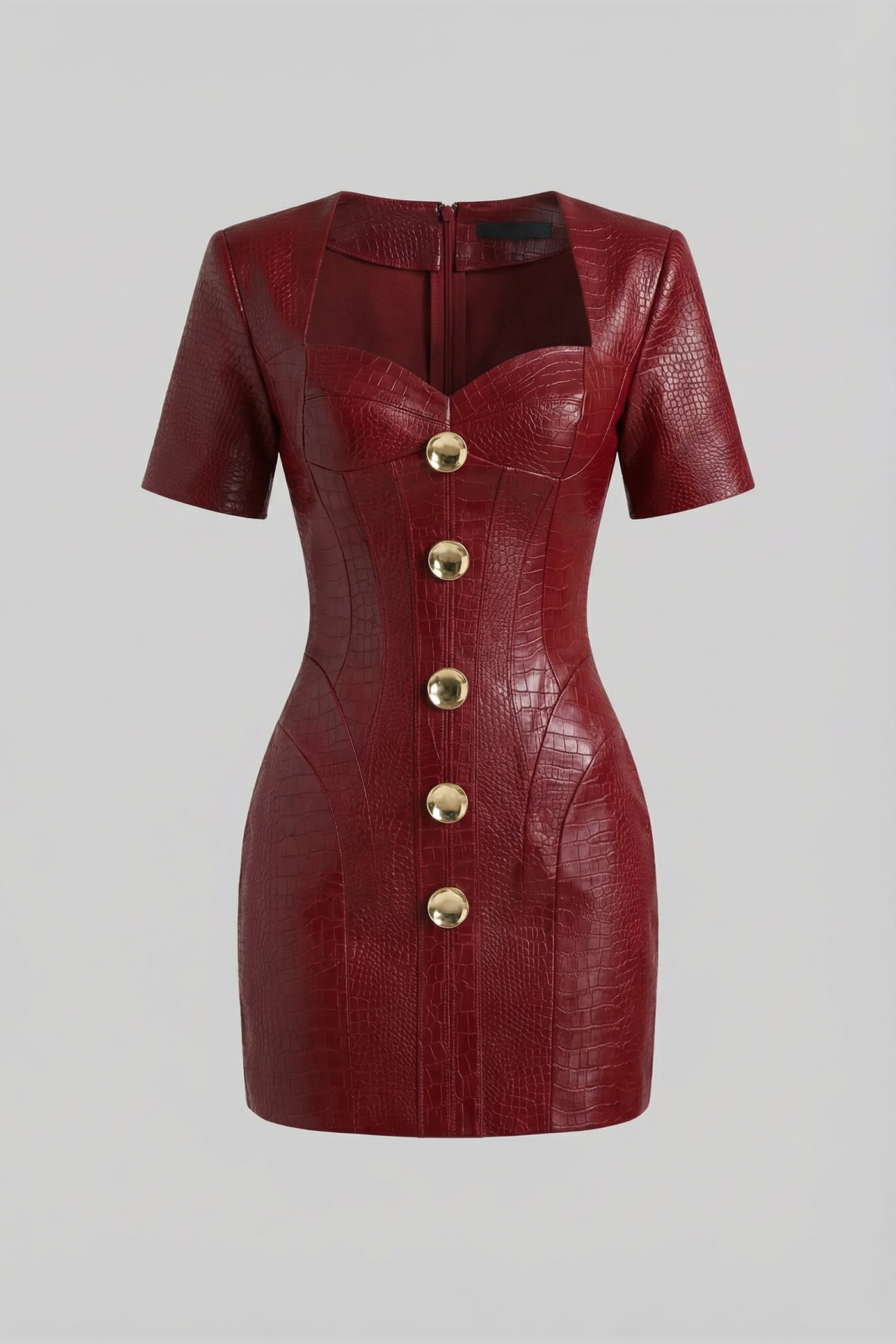 Croc-Effect Mini Dress With Gold Button Front - Red