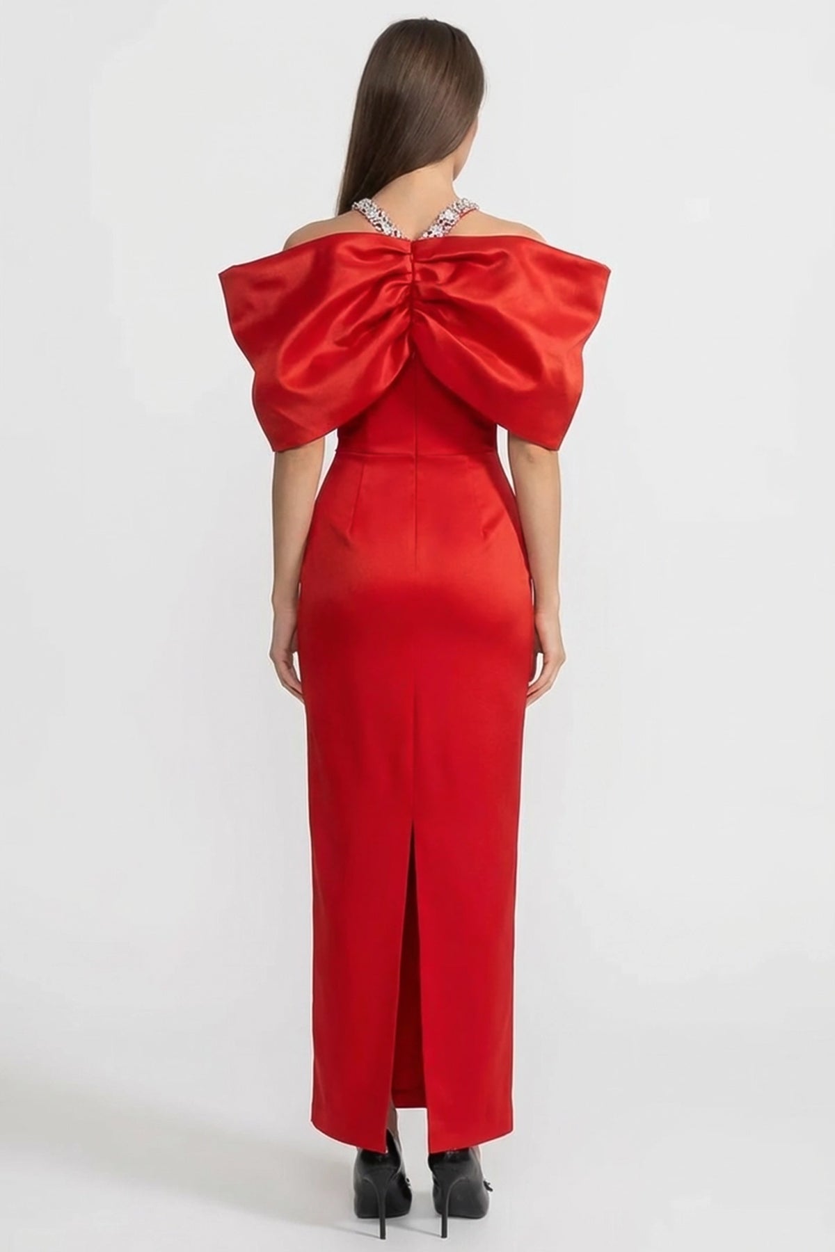 Embellished Bow-Neck Maxi Dress with Crystal Straps – Red