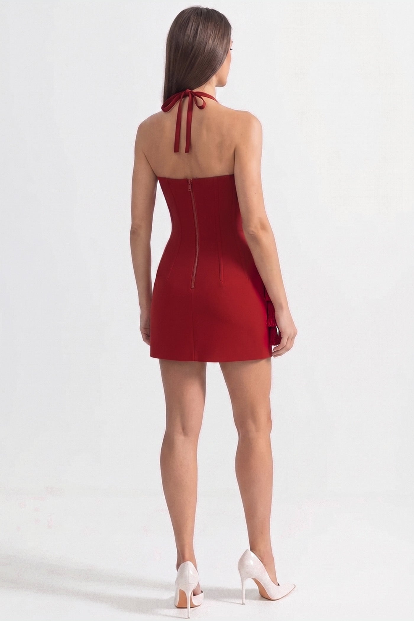 Robe Mini Corset avec Ourlet Floral Sculpté – Rouge 