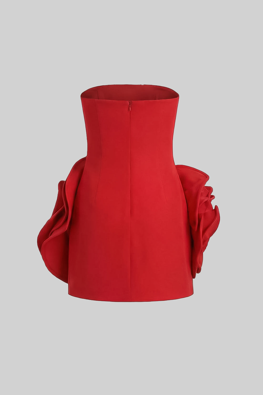 Robe mini sculpturale sans bretelles avec appliqués floraux 3D – Rouge 