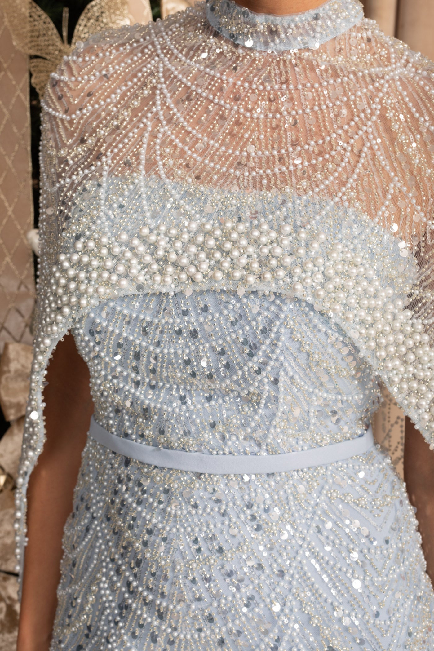 Robe glamour ornée de perles avec voile amovible - Bleu 