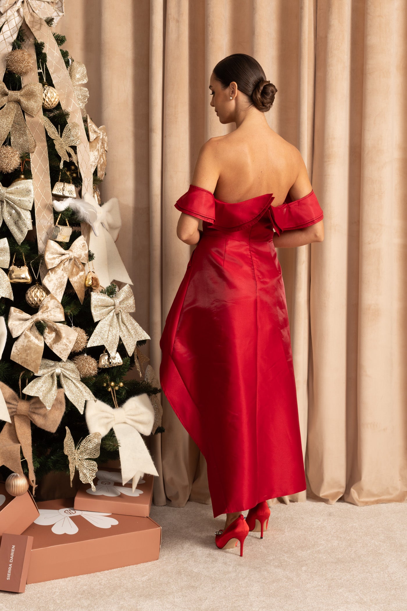 Off-Shoulder Ruffled High-Low Satin Dress – Crimson Red