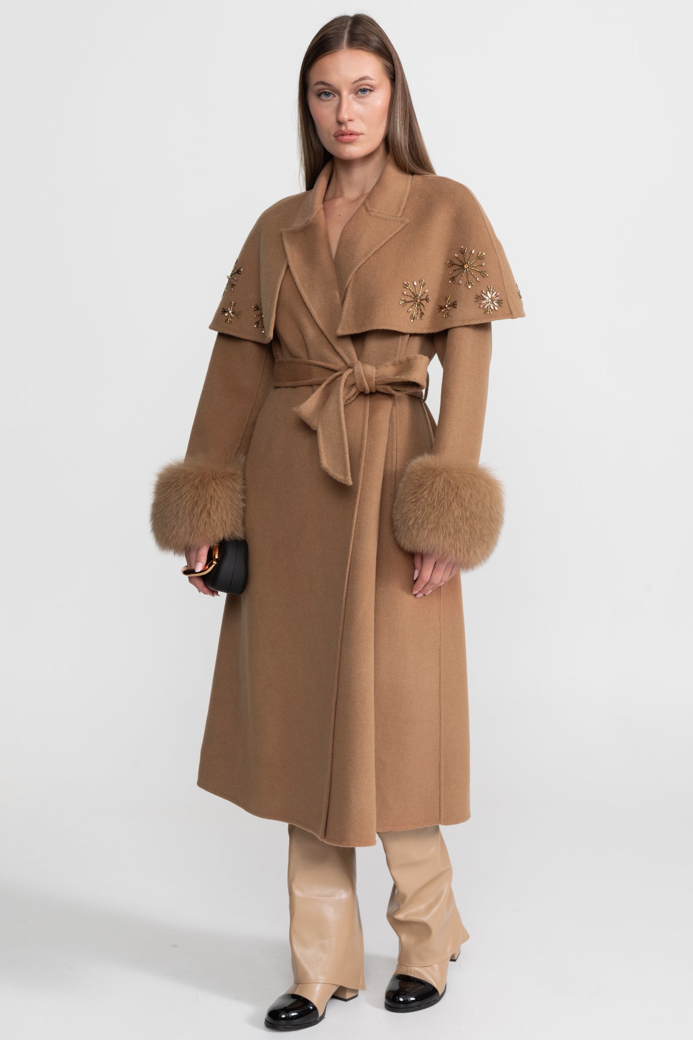 Embellished Wool Coat with Fox Fur Cuffs And Cape Overlay - Light Brown
