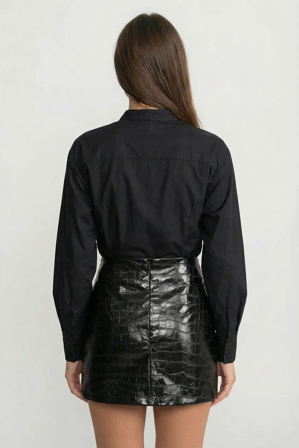 Croc-Effect Mini Skirt With Statement Gold Button  - Black