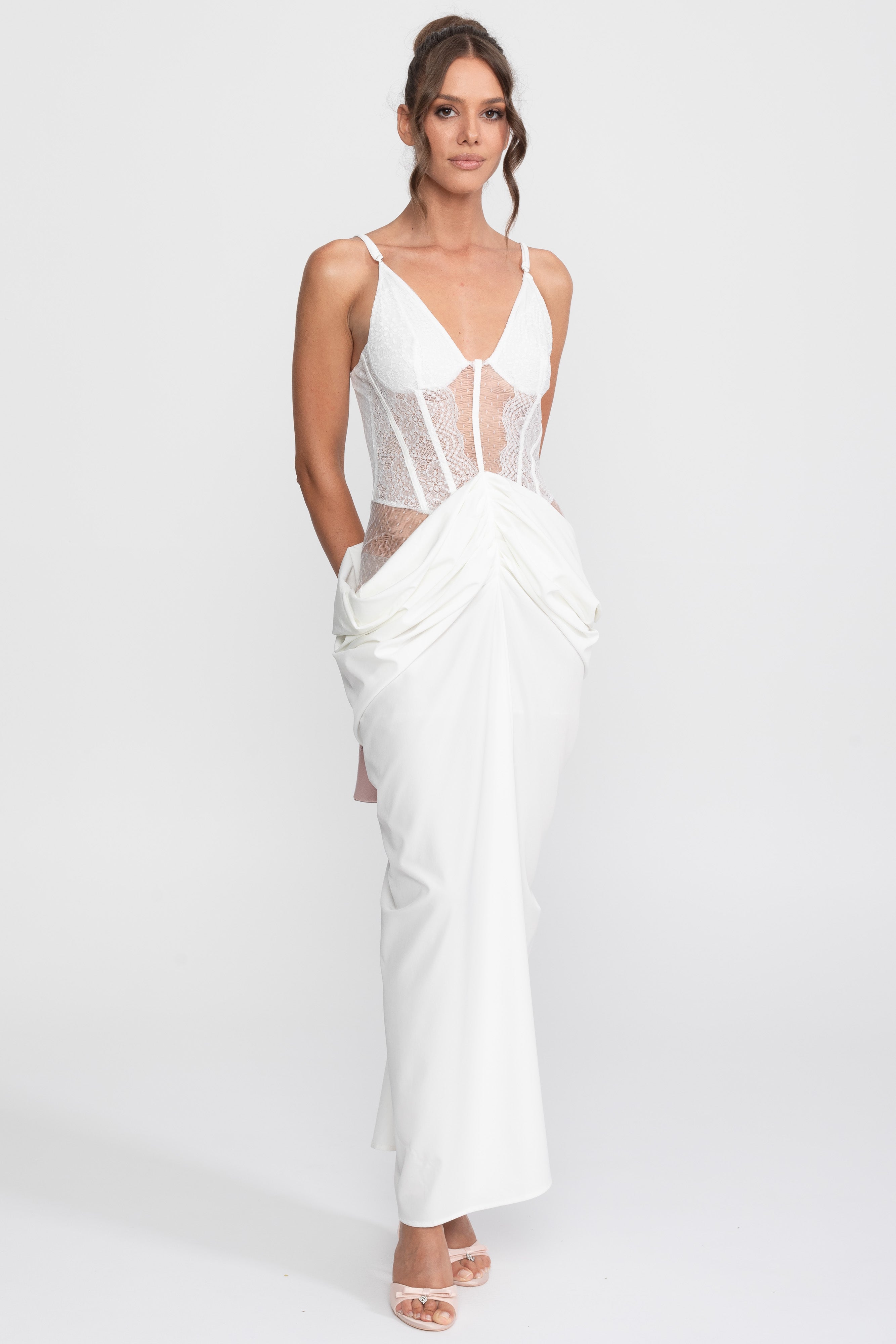 Robe drapée à corsage en dentelle avec fines bretelles - Blanc 