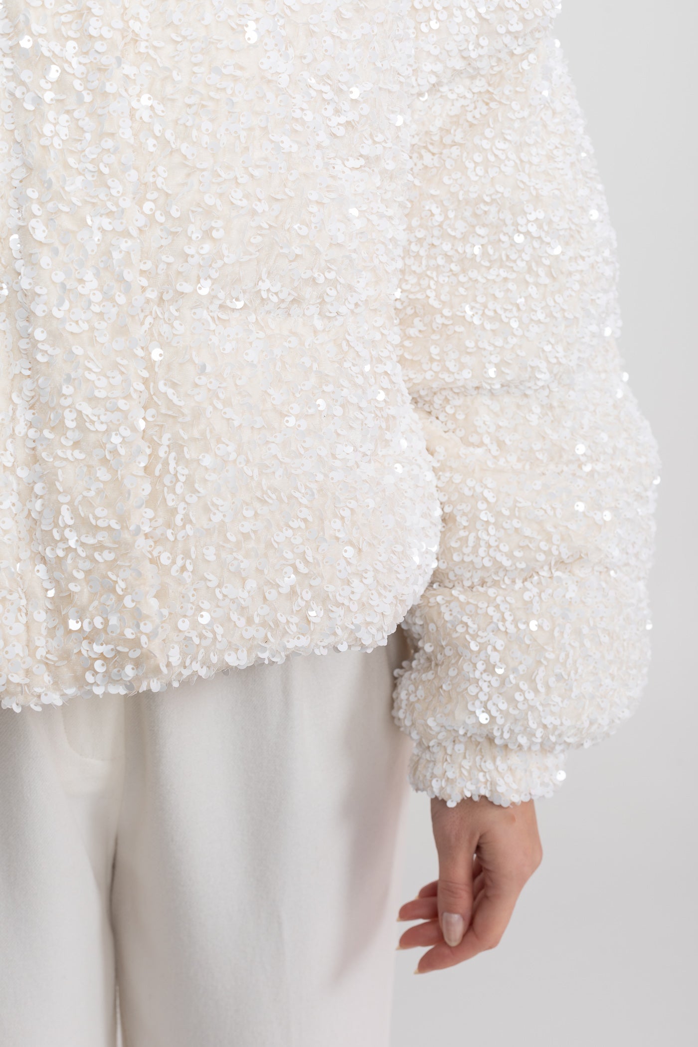 Sequin Puffer Jacket With High Stand Collar – White
