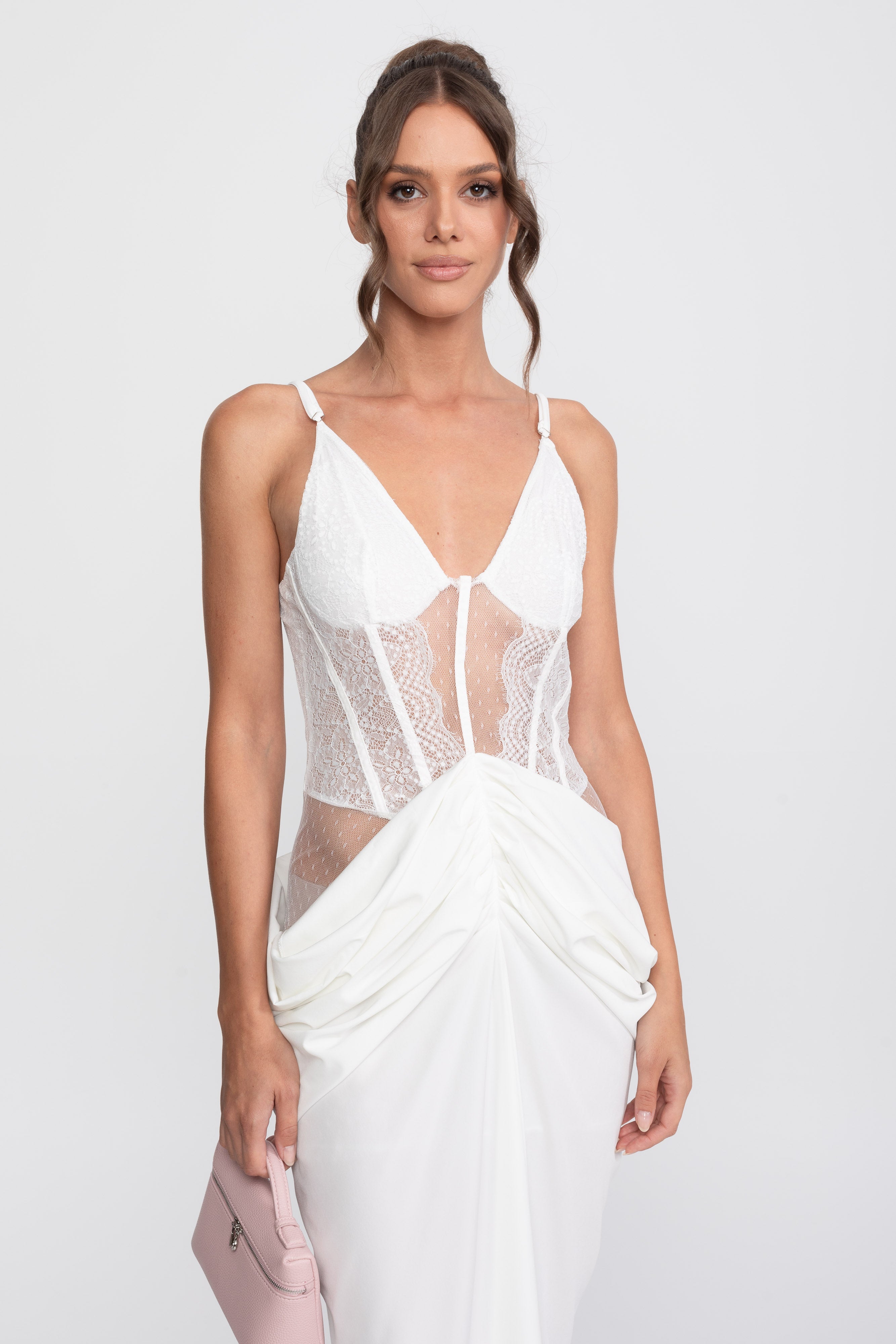 Robe drapée à corsage en dentelle avec fines bretelles - Blanc 