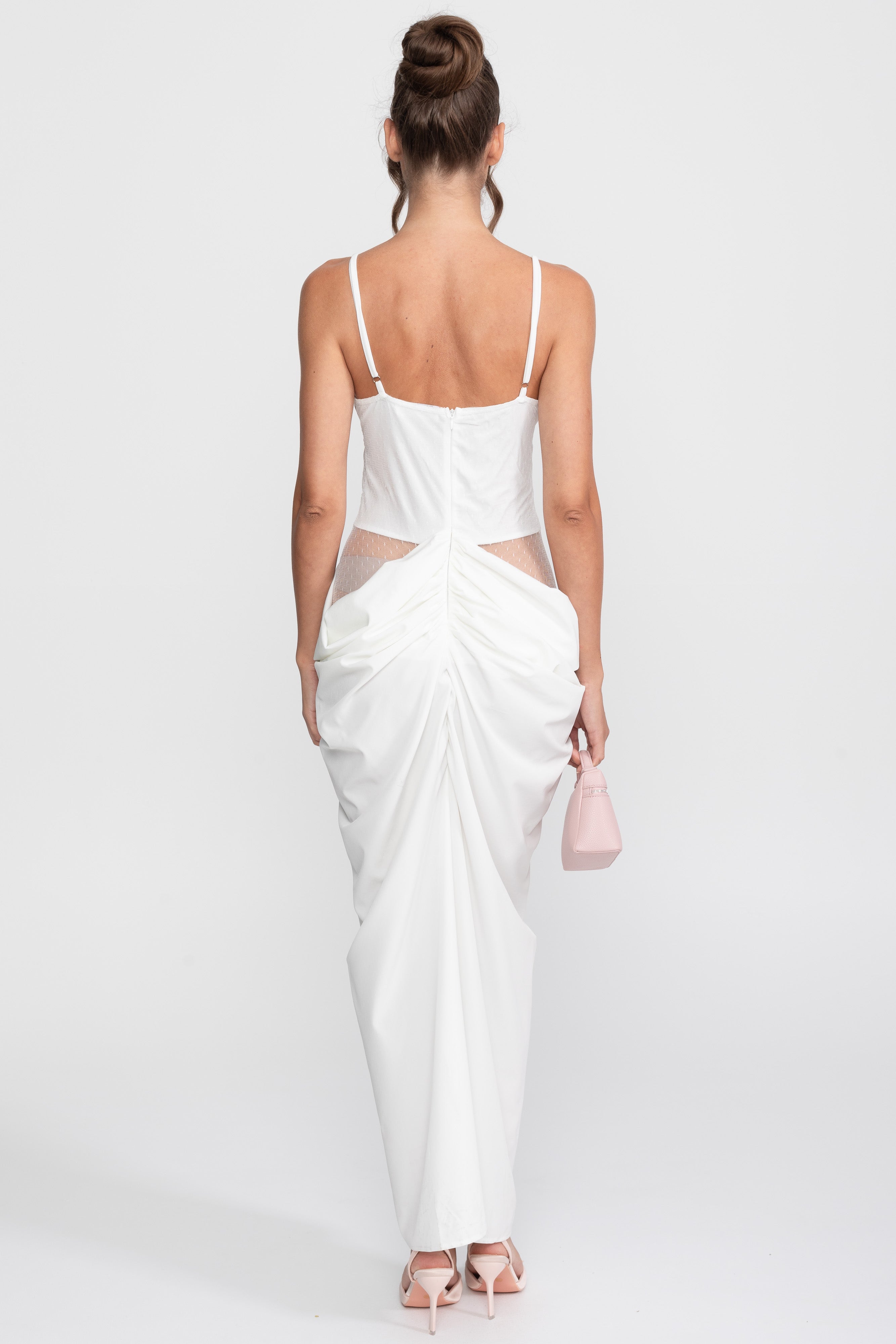 Robe drapée à corsage en dentelle avec fines bretelles - Blanc 