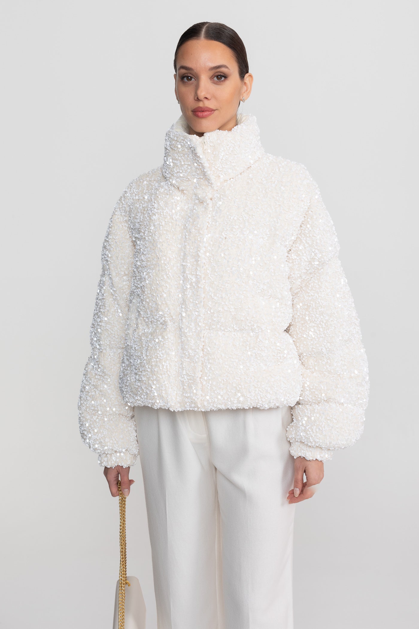 Sequin Puffer Jacket With High Stand Collar – White