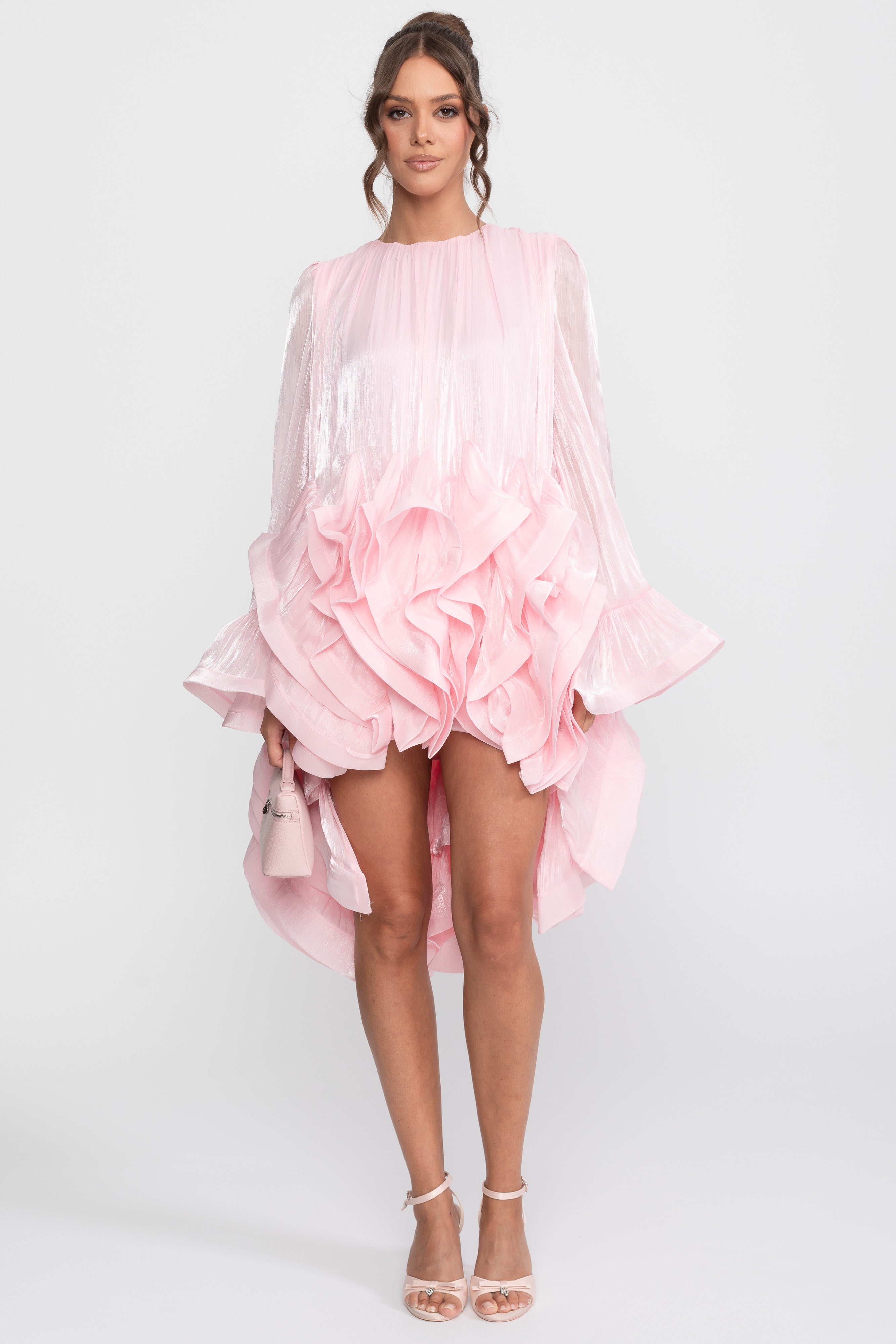 Mini-robe asymétrique à ourlet volanté avec finition satinée - Pink 