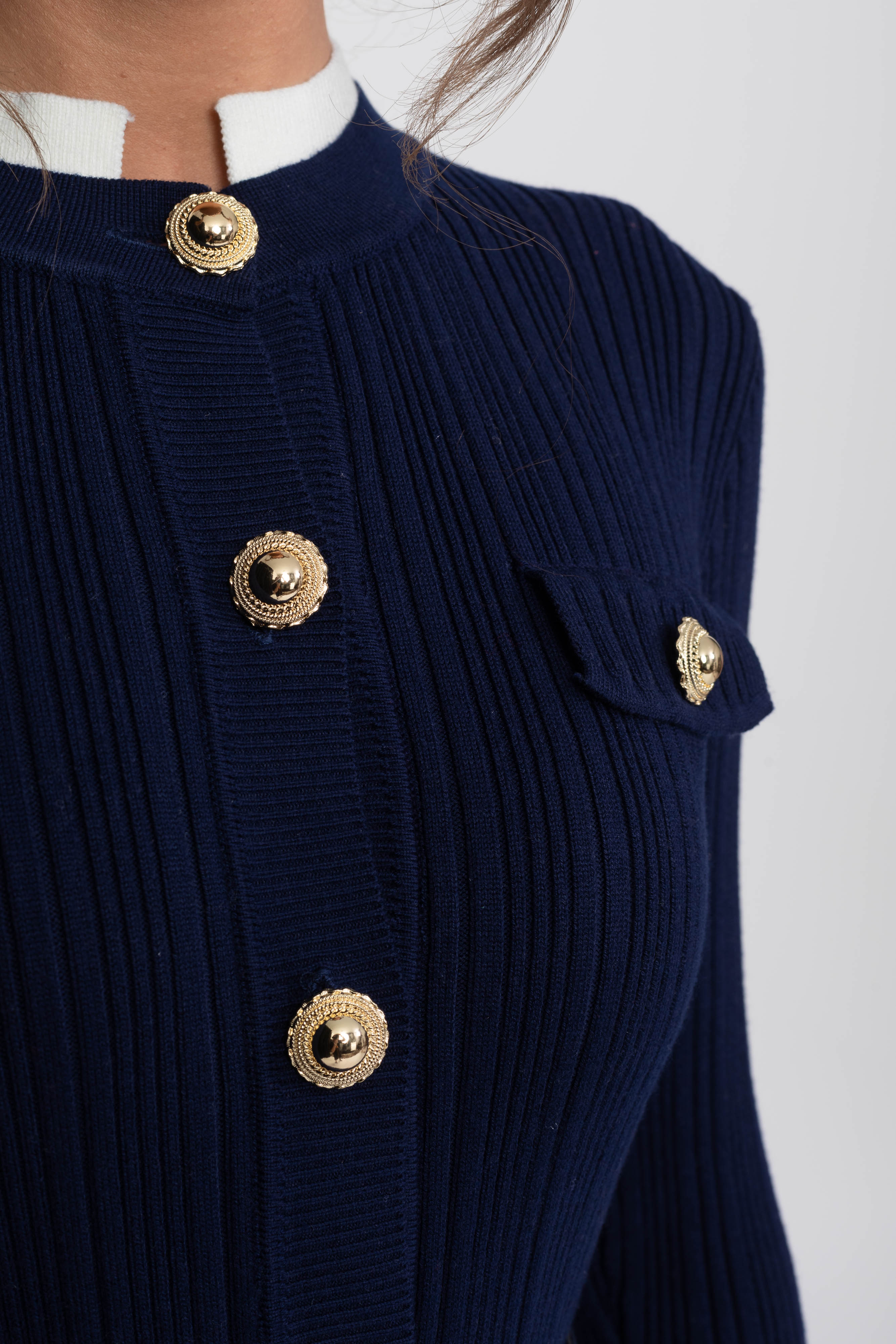 Ribbed Knit Belted Midi Dress With White Cuffs And Collar - Navy