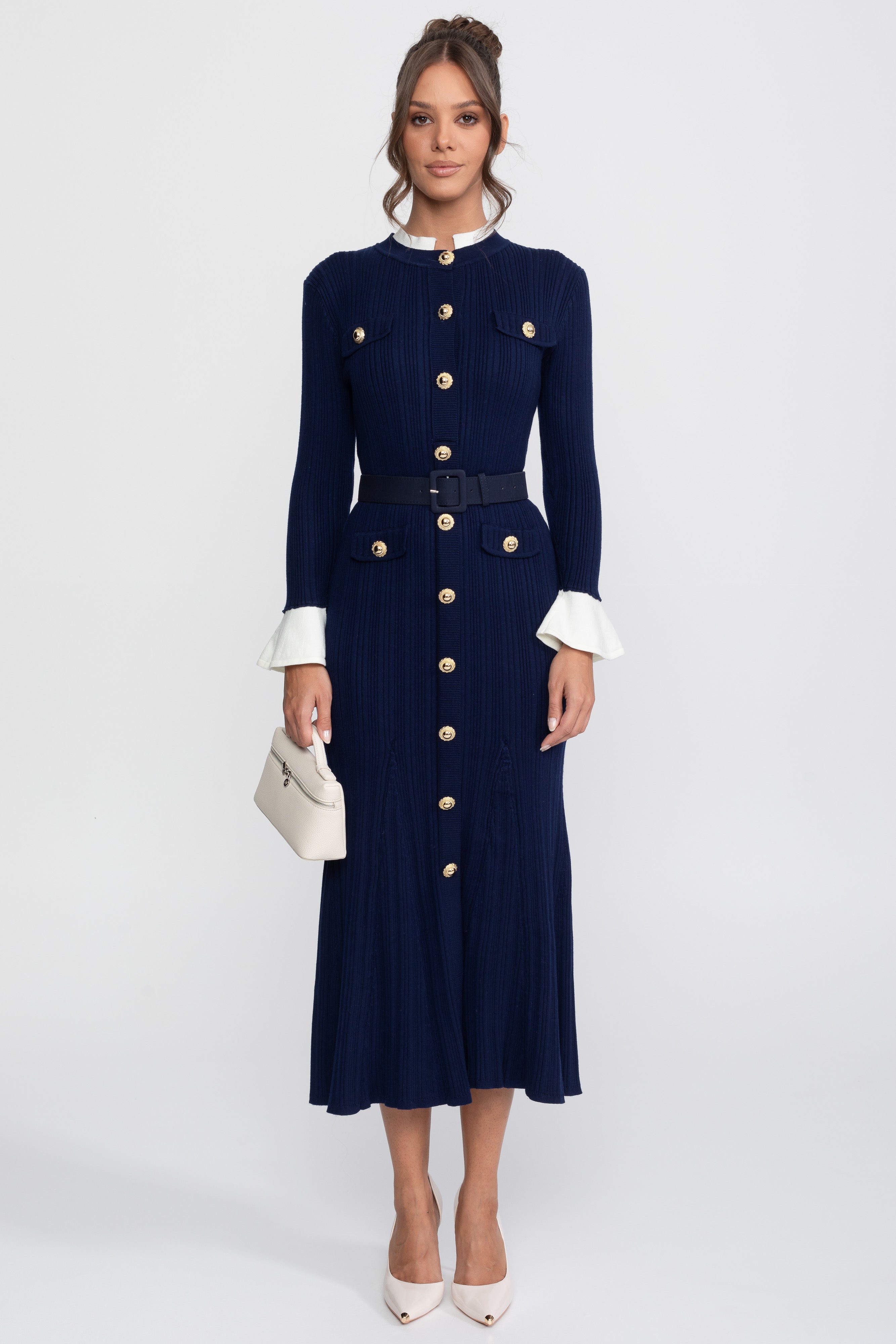 Ribbed Knit Belted Midi Dress With White Cuffs And Collar - Navy