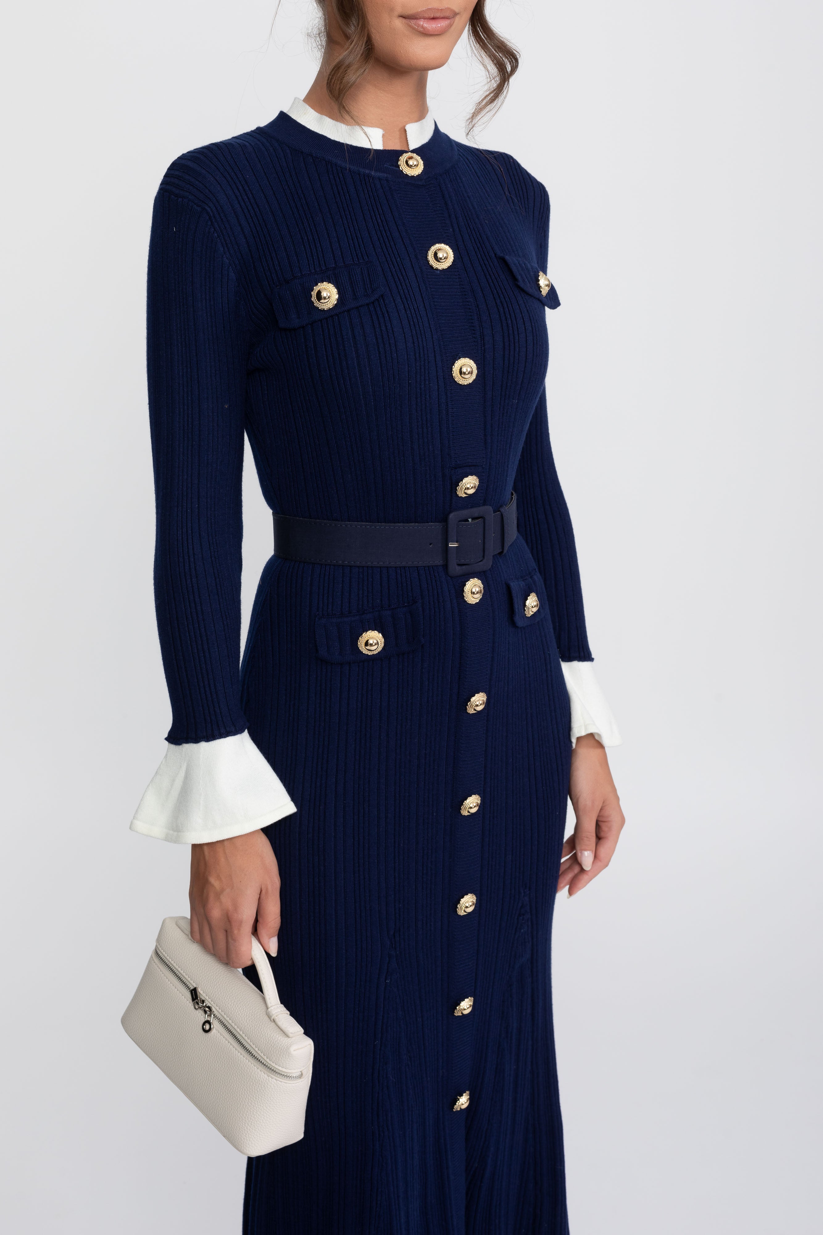 Ribbed Knit Belted Midi Dress With White Cuffs And Collar - Navy
