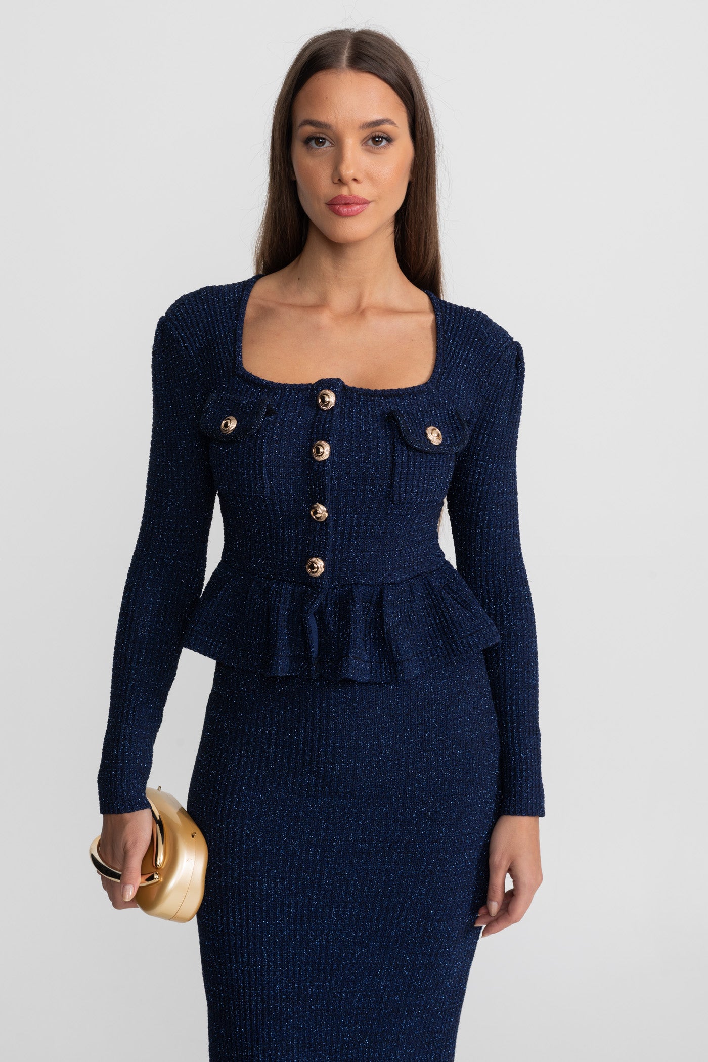 Robe en maille texturée avec taille à basque et boutons dorés - Bleu foncé 