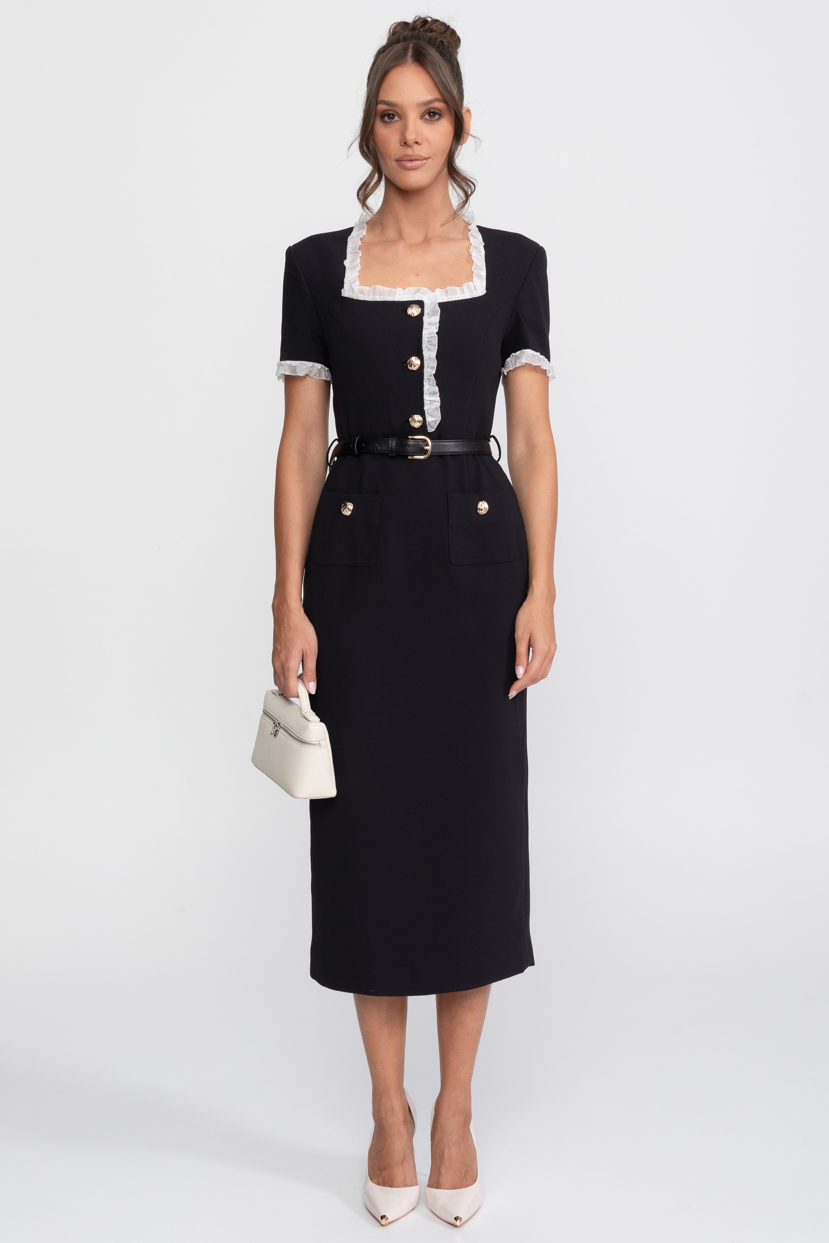 Robe midi ceinturée à col carré avec finition volantée blanche - Noir 