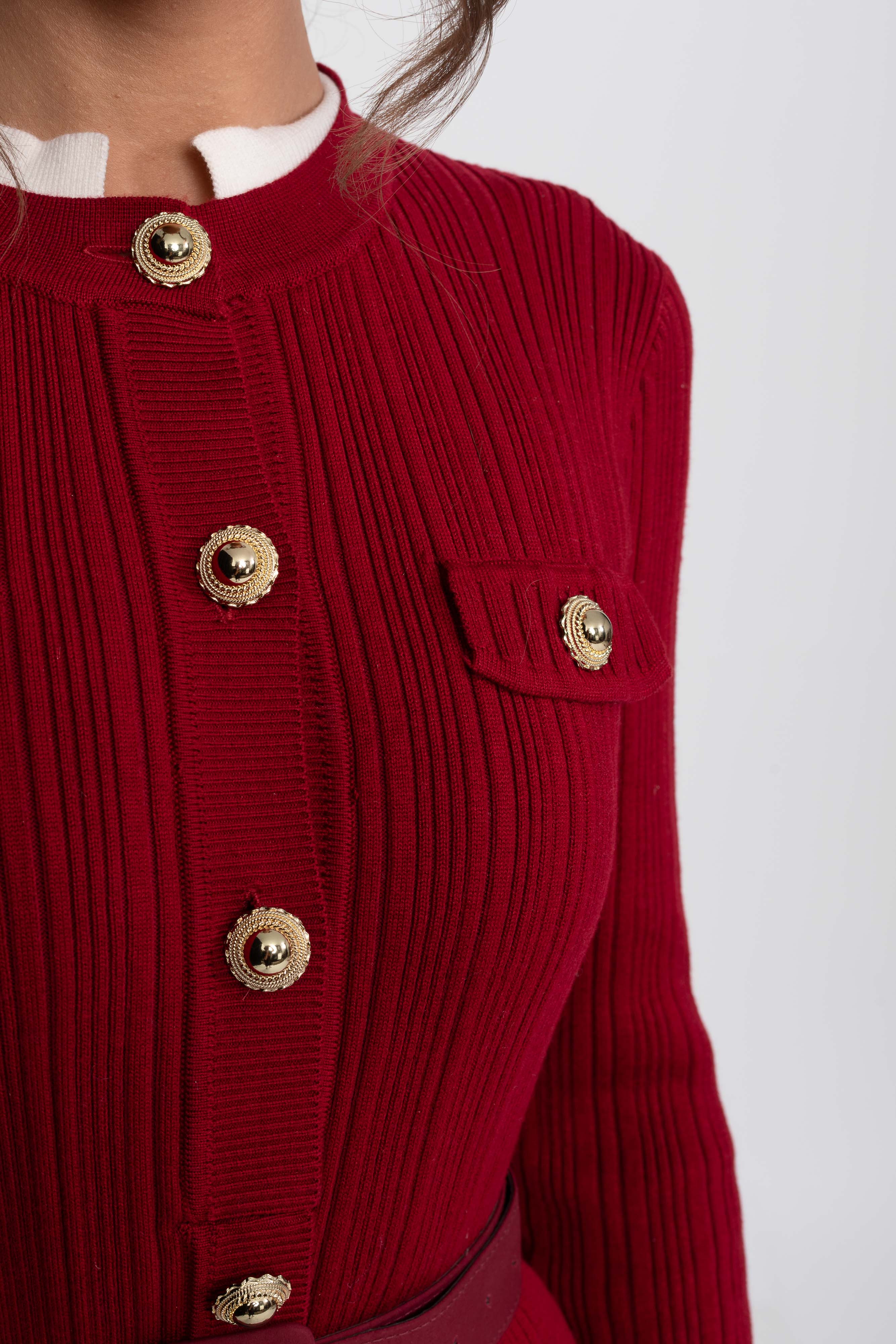 Robe midi en maille côtelée ceinturée avec poignets et col blancs - Burgundy 