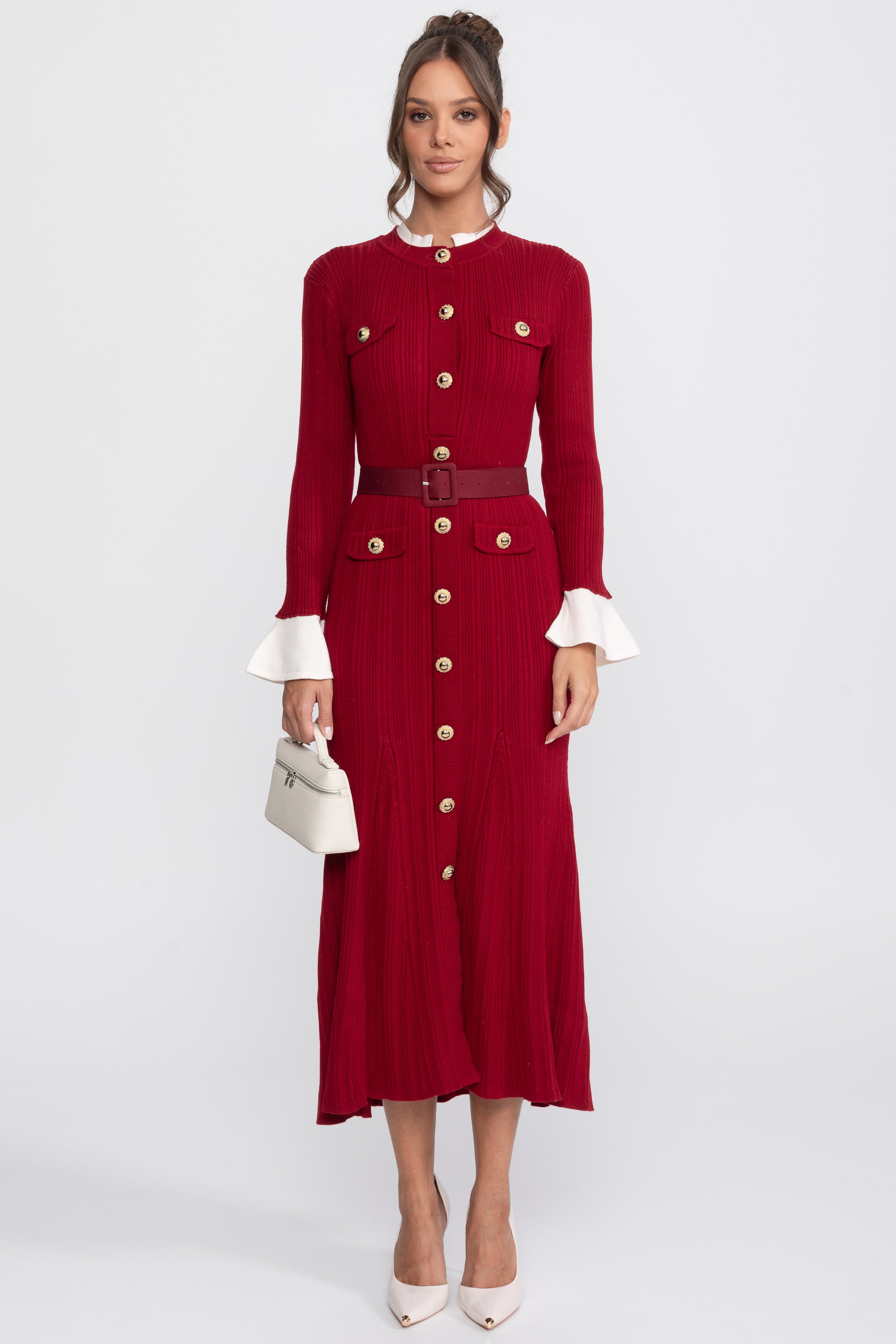 Robe midi en maille côtelée ceinturée avec poignets et col blancs - Burgundy 