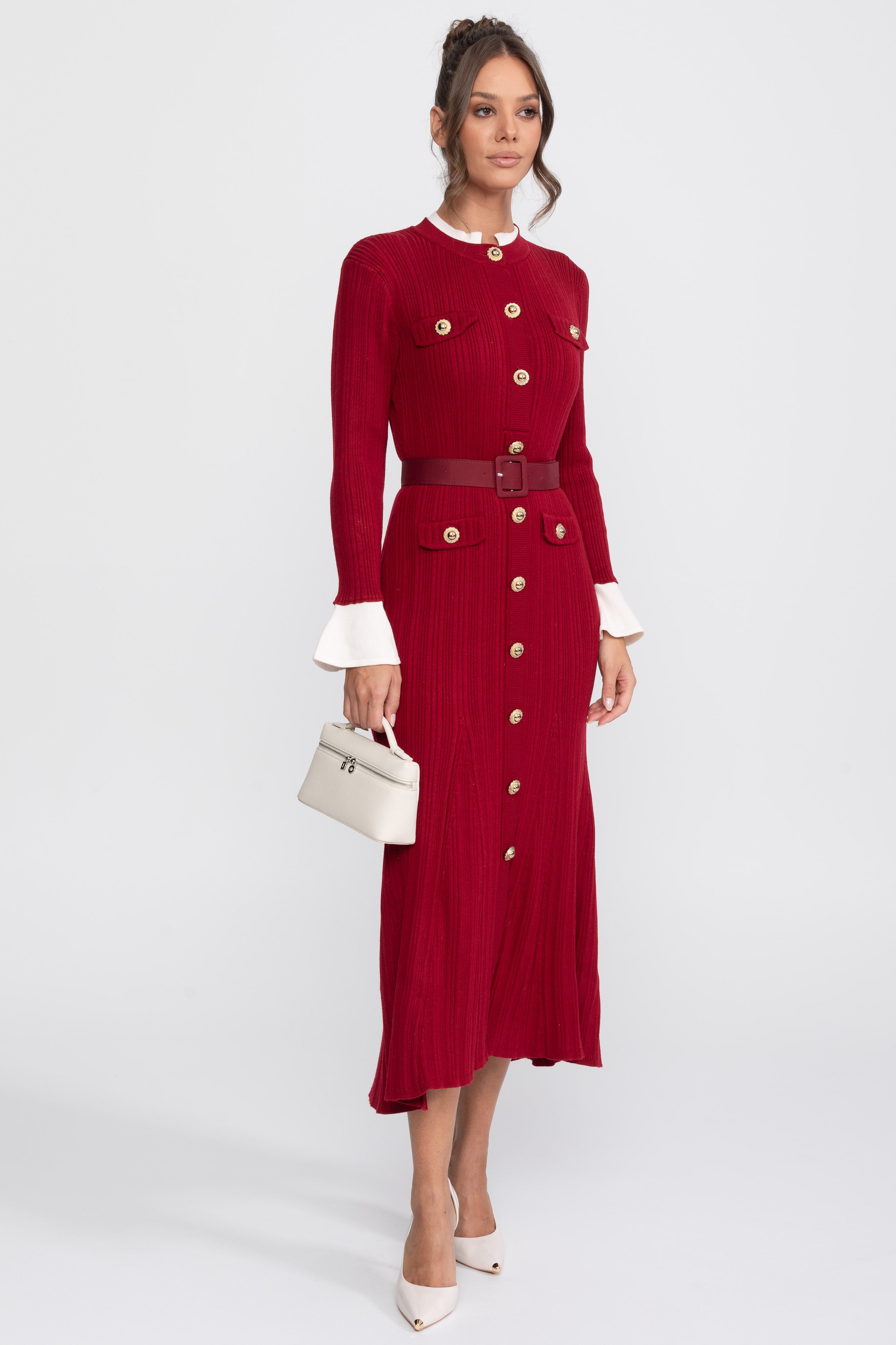 Robe midi en maille côtelée ceinturée avec poignets et col blancs - Burgundy 