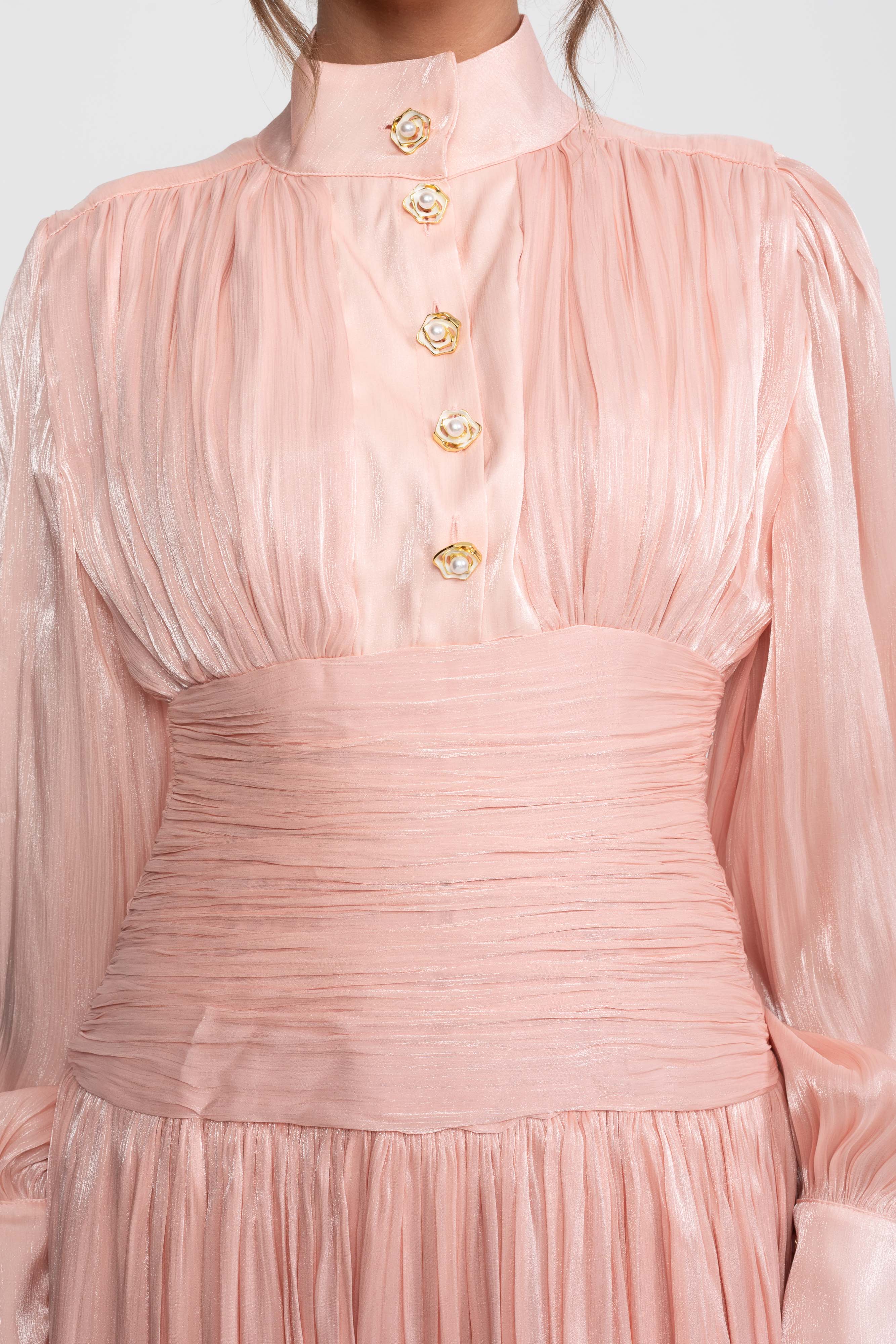 Balloon-Sleeve Tiered Maxi Dress With Jeweled Rose Buttons - Peach