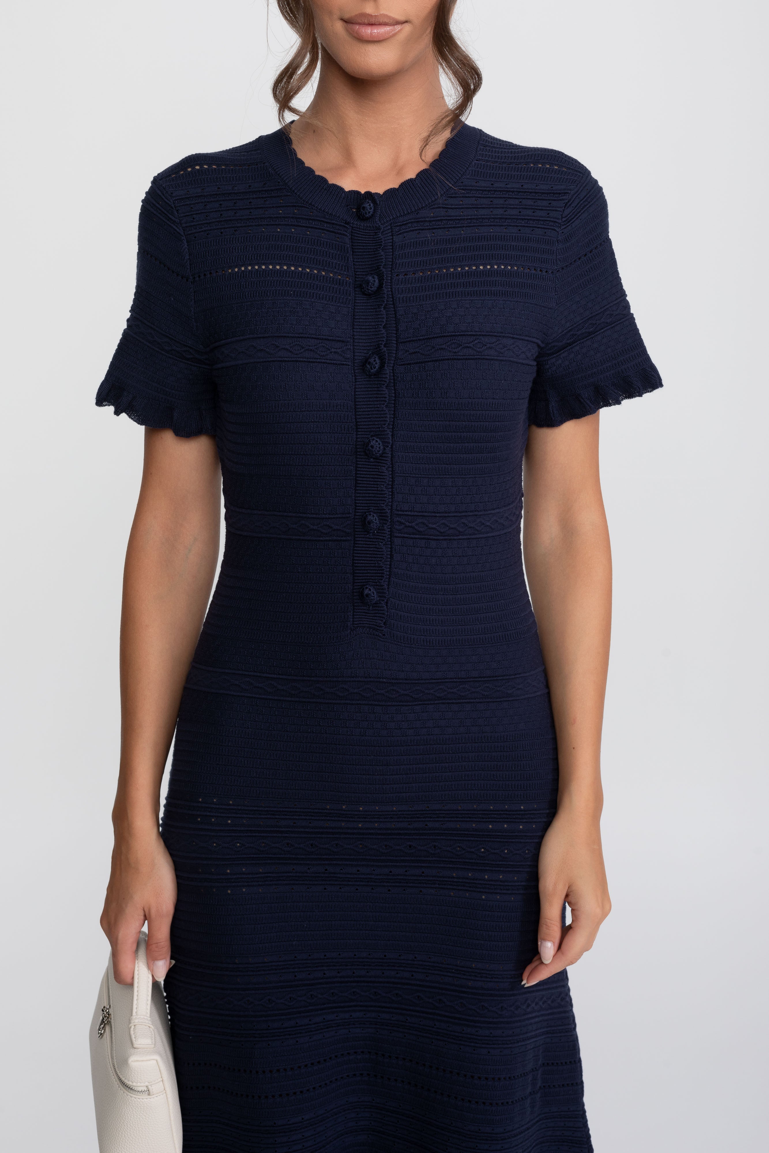 Ruffle Hem Knit Midi Dress With Button Front - Navy