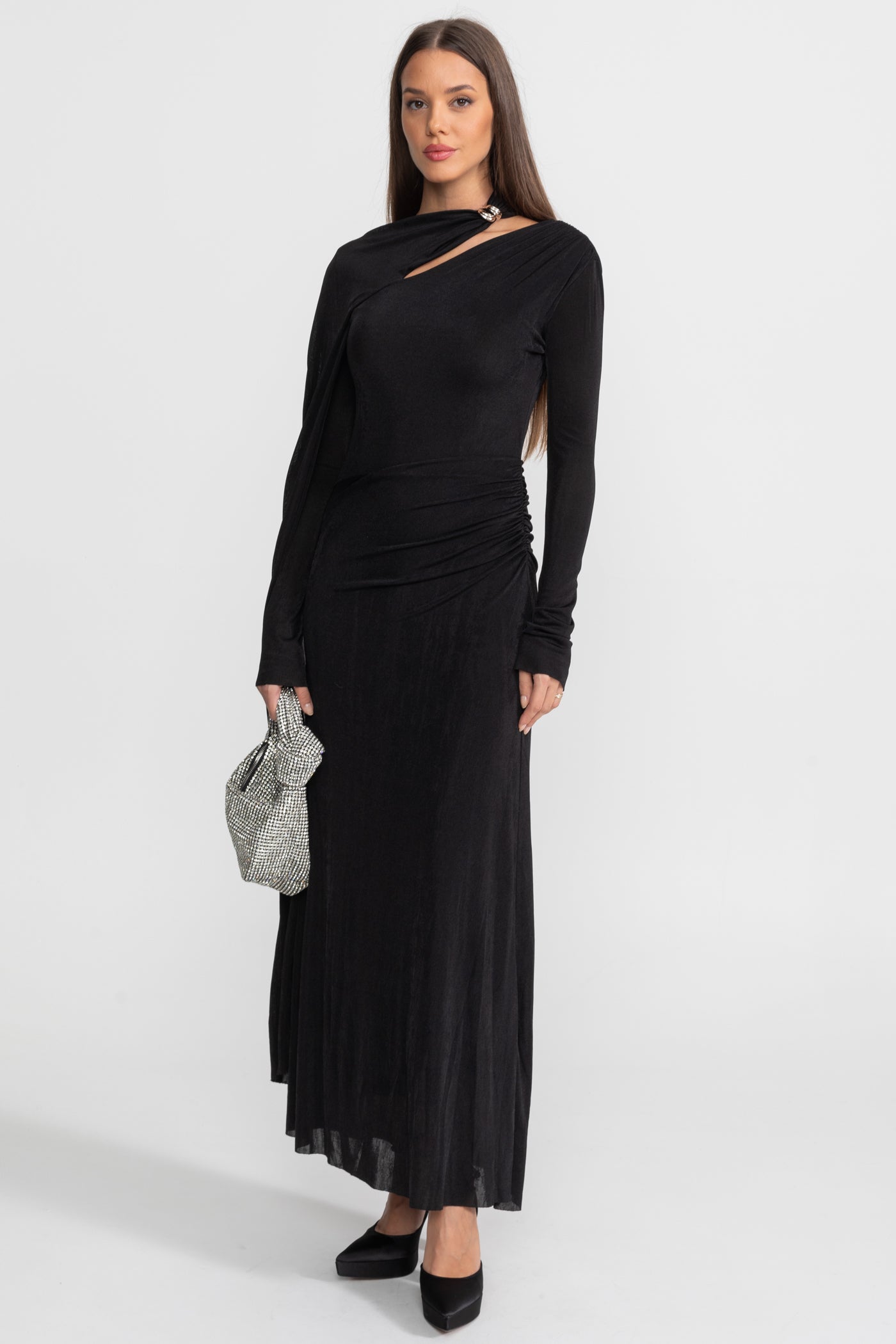 Elegant Draped Gown With Asymmetric Cutout – Black