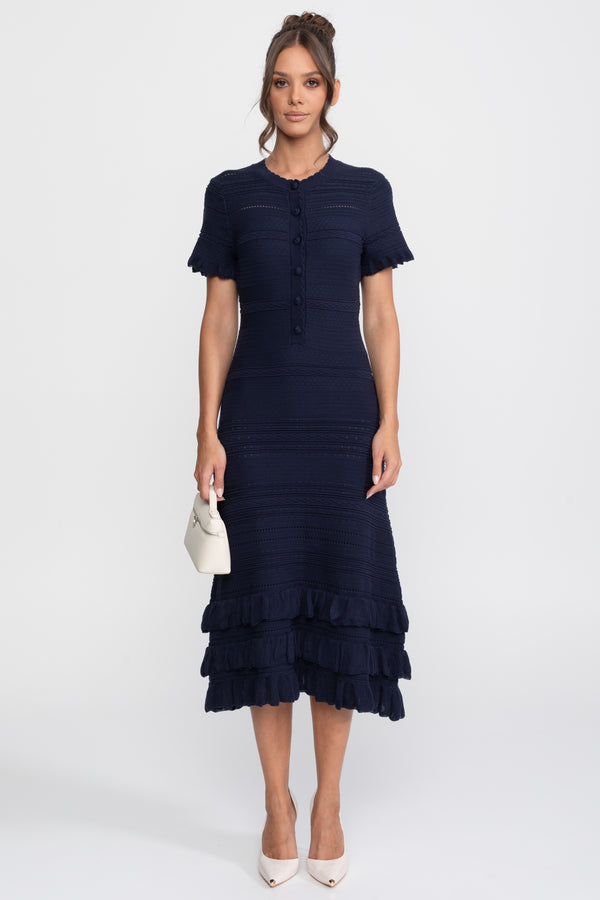 Robe midi en maille à ourlet volanté avec boutonnage sur le devant - Marine 