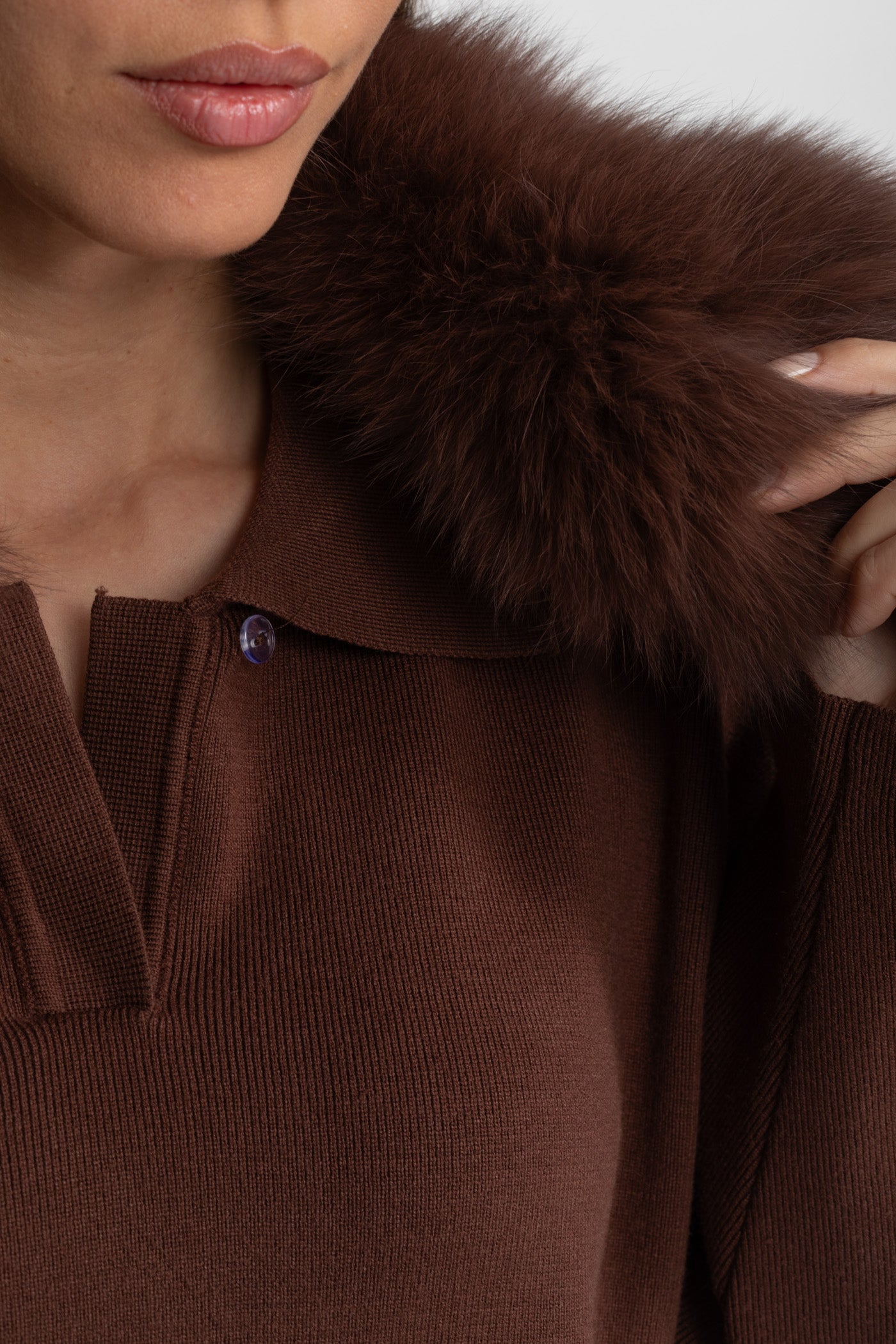 Ensemble coordonné Knit Lounge avec col en fourrure de renard – Marron 