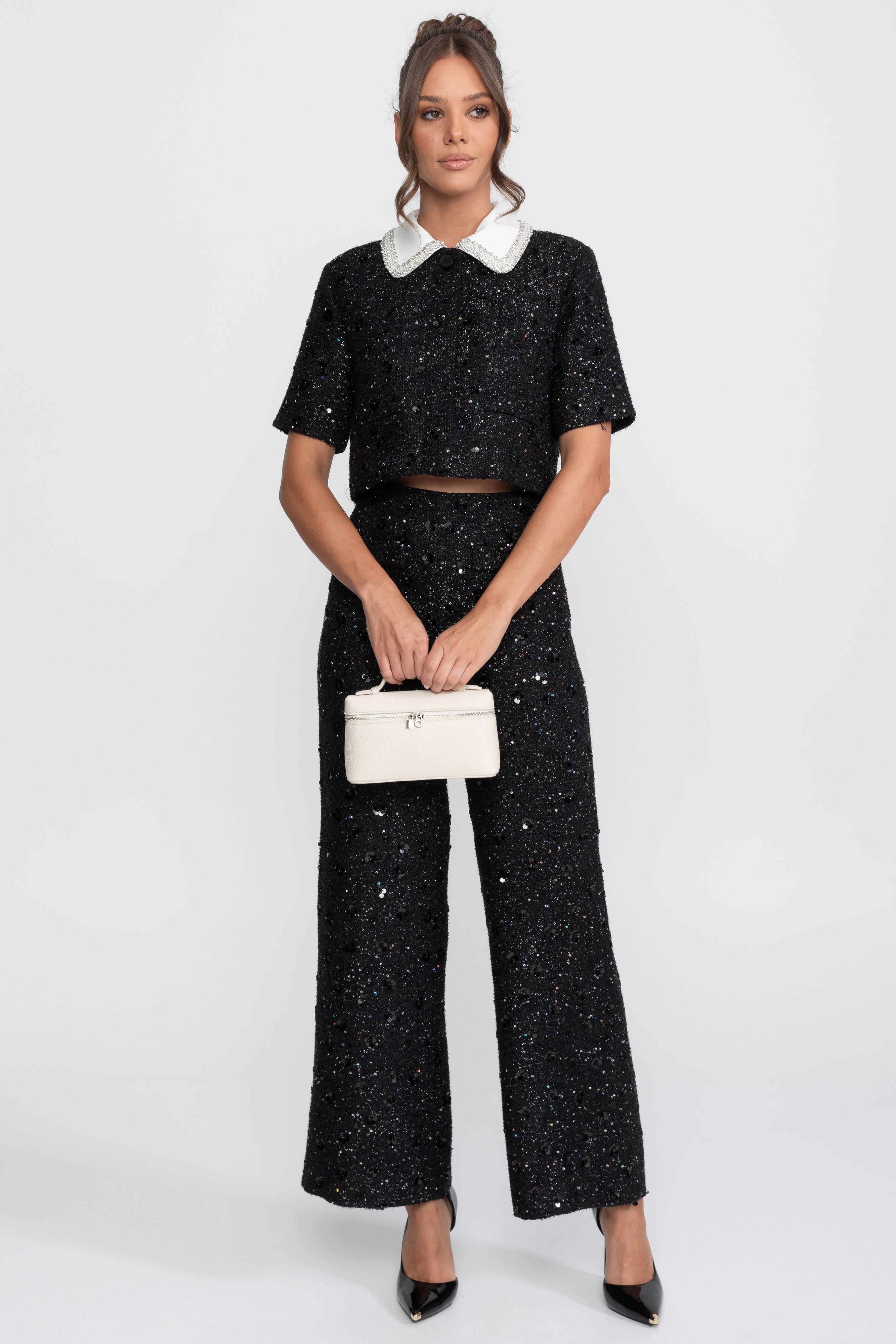 Pantalon large en tweed avec détail pailleté - Noir 