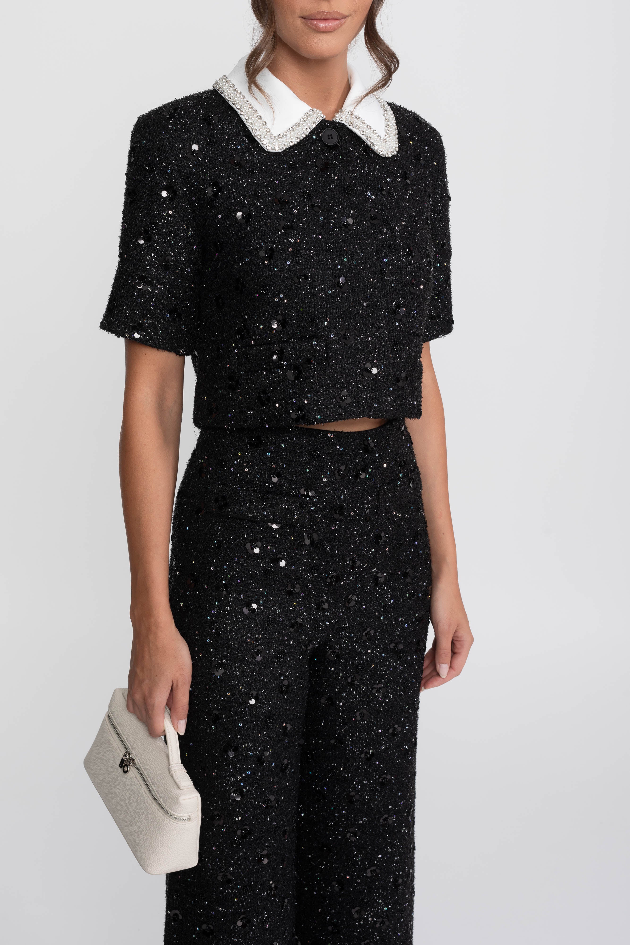 Veste courte en tweed à manches courtes avec col contrasté et détail de sequins - Noir 