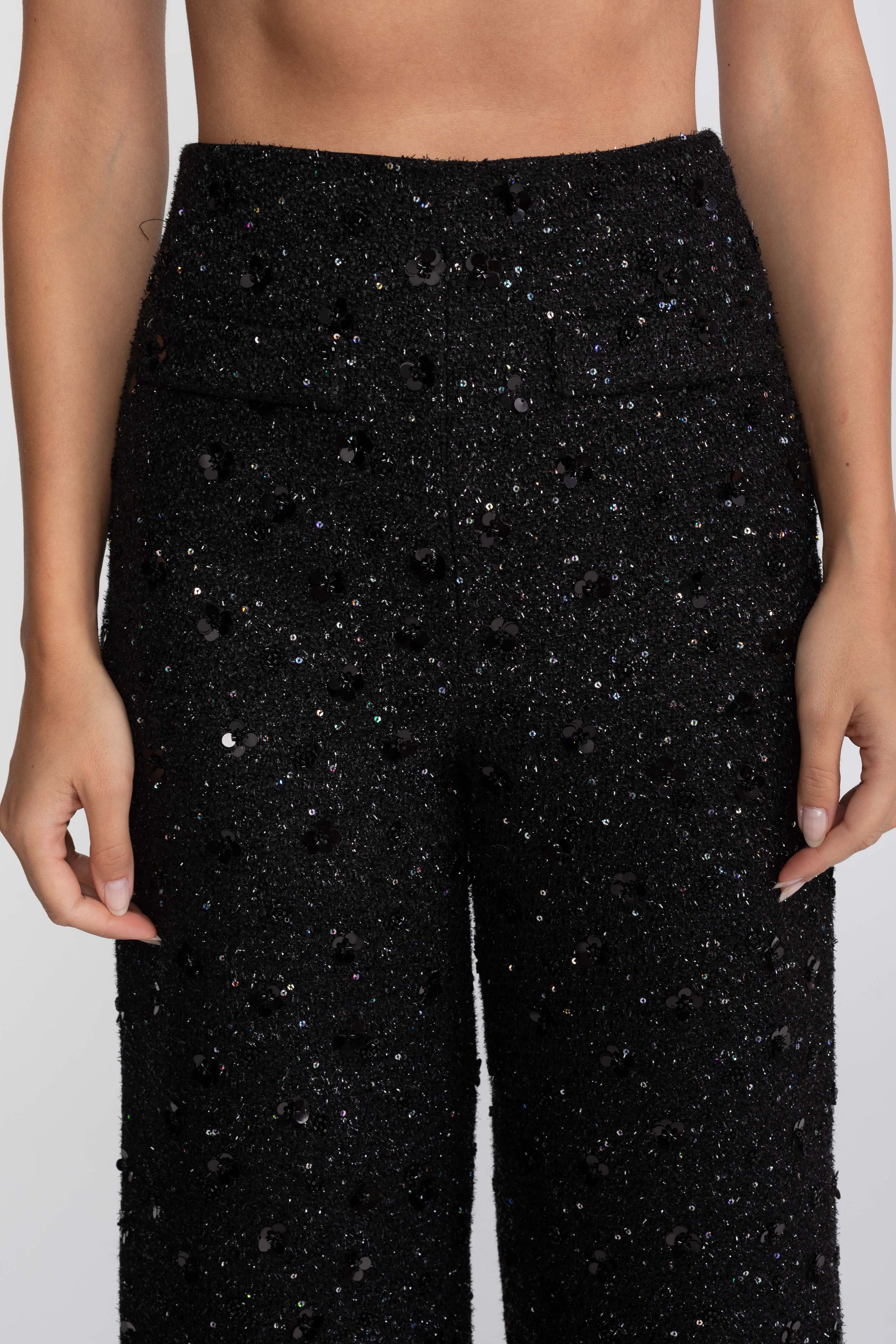 Pantalon large en tweed avec détail pailleté - Noir 