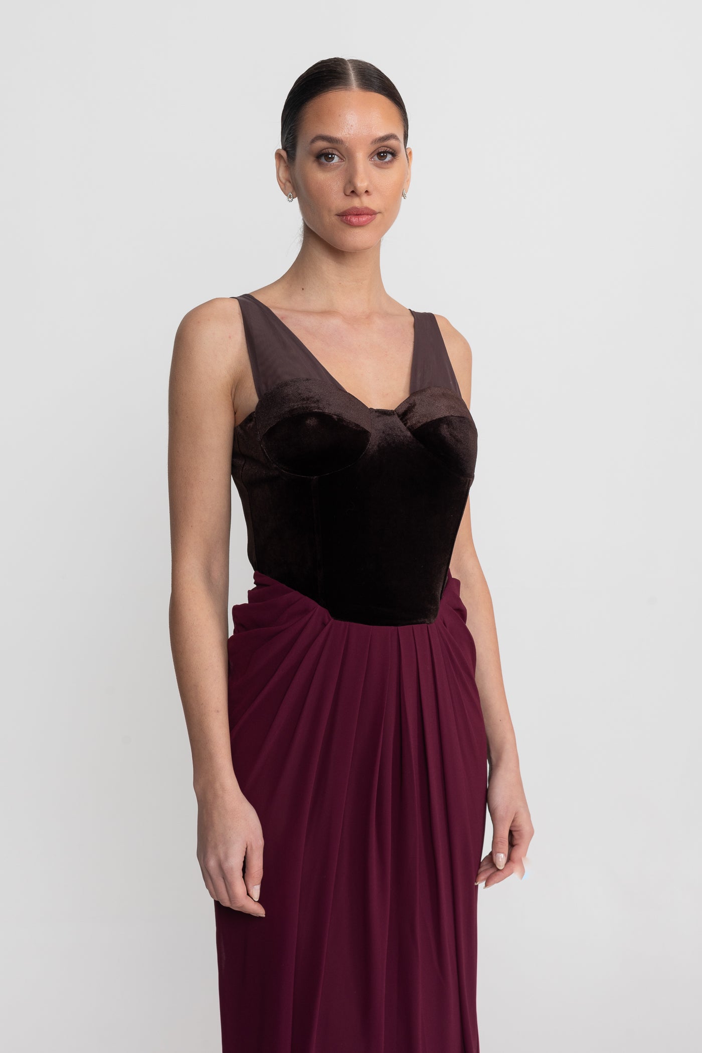 Robe Maxi avec Corset en Velours et Jupe Flottante - Bourgogne 