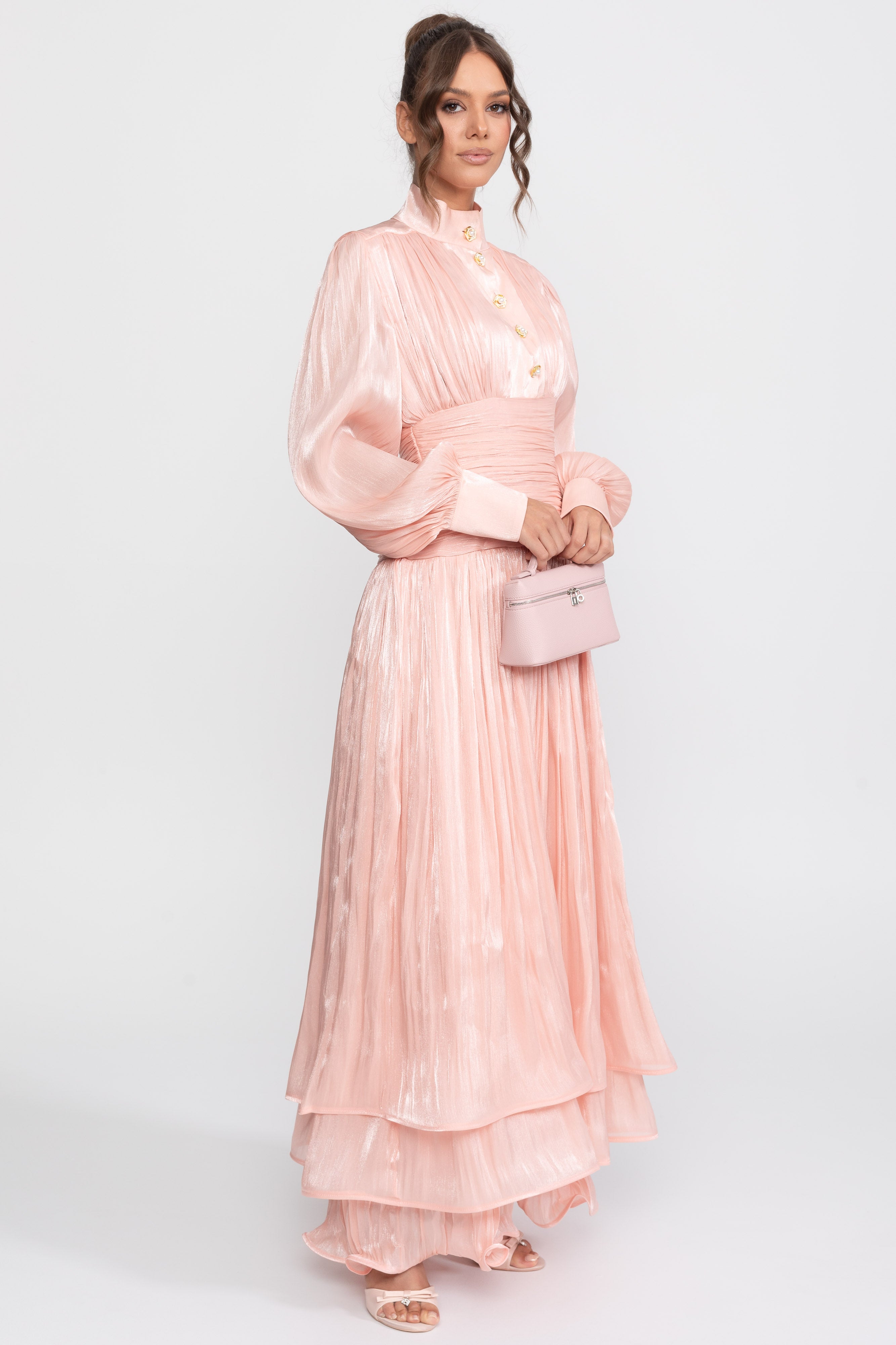 Balloon-Sleeve Tiered Maxi Dress With Jeweled Rose Buttons - Peach