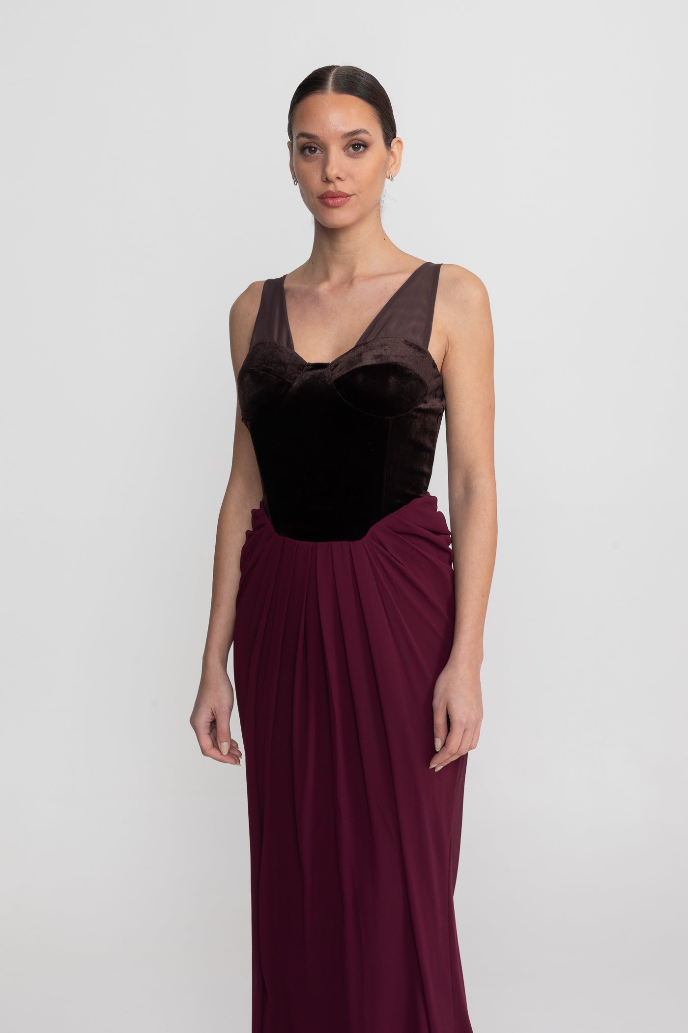 Robe Maxi avec Corset en Velours et Jupe Flottante - Bourgogne 