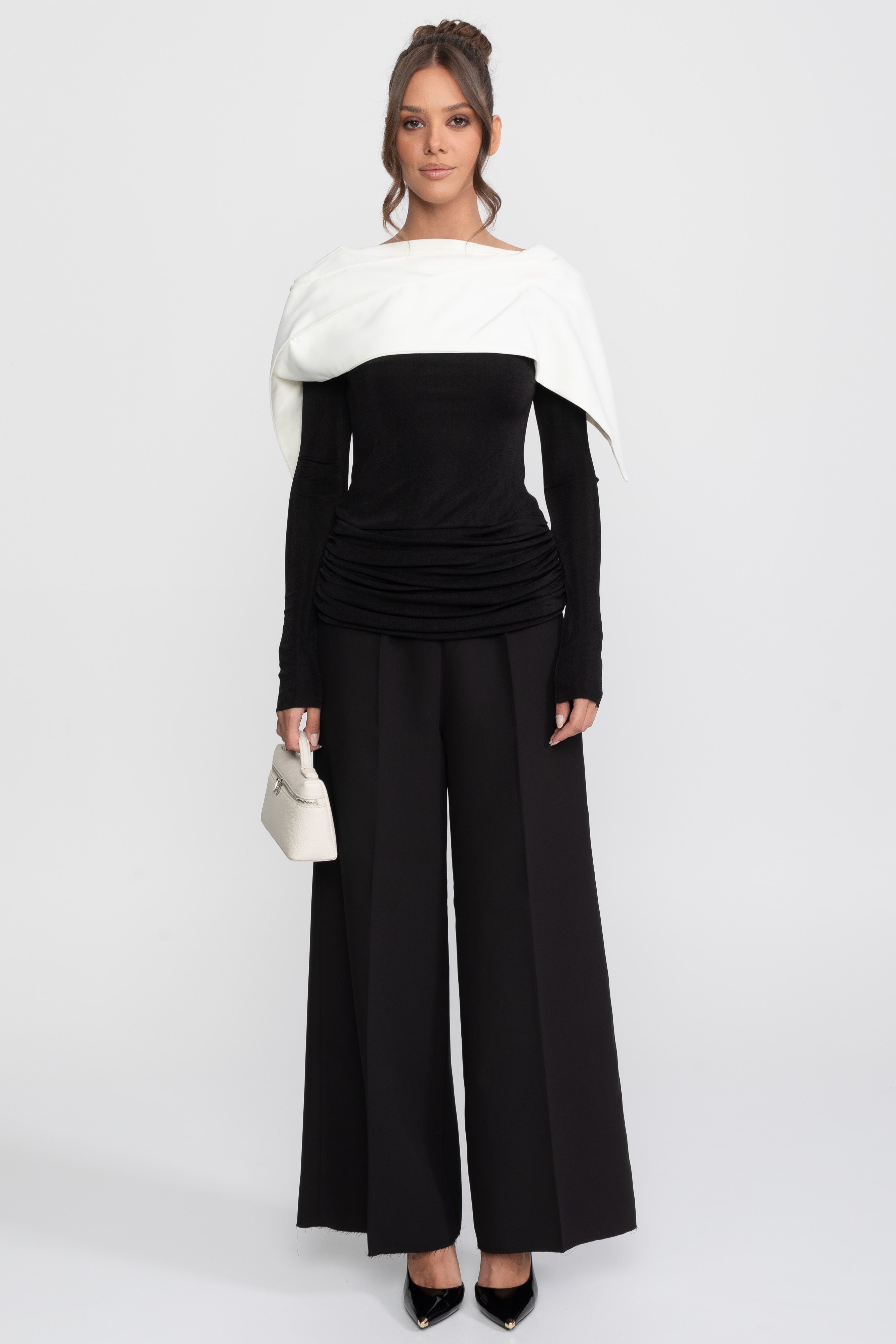 Top portefeuille froncé avec cape contrastante et ensemble pantalon - Noir 
