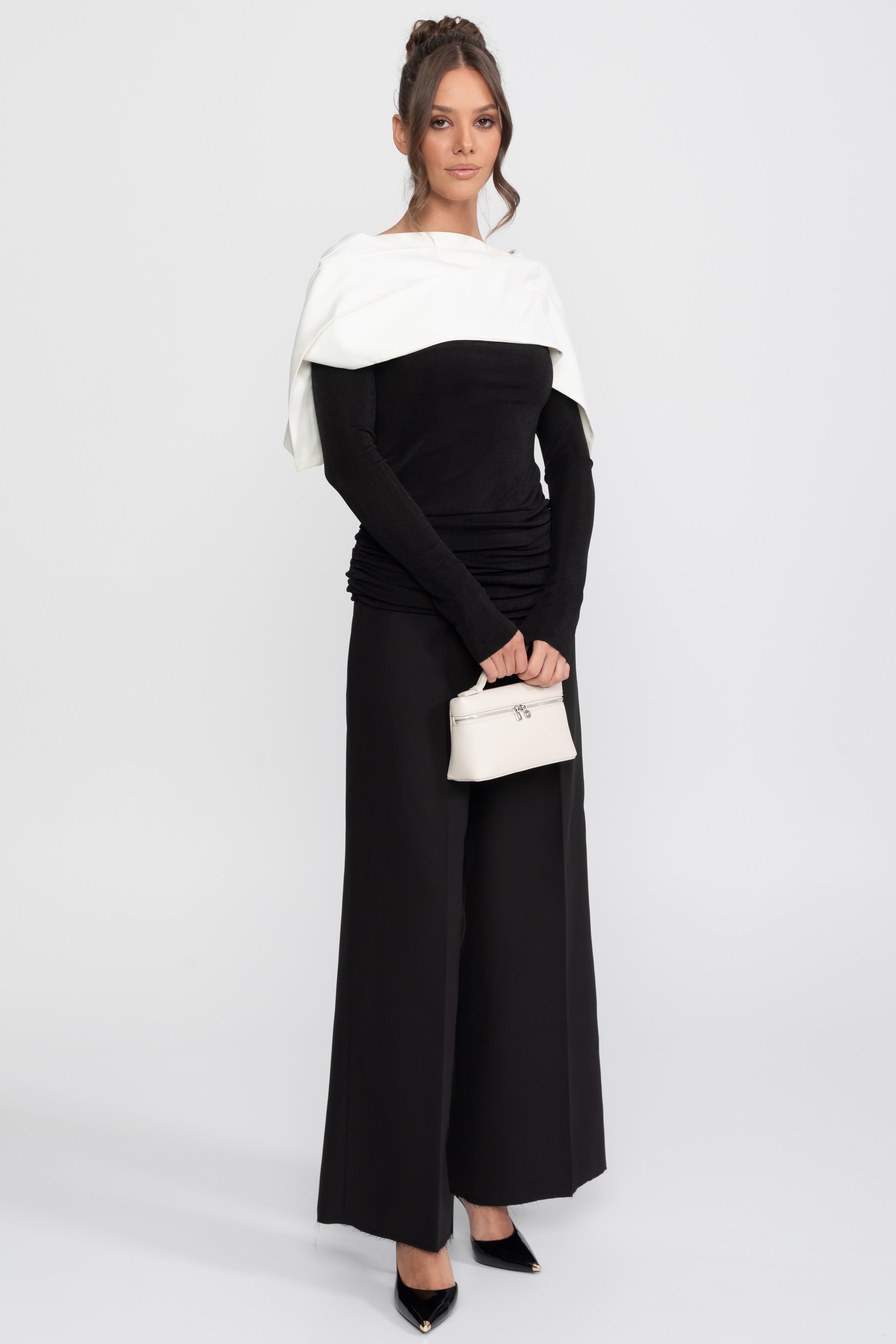 Top portefeuille froncé avec cape contrastante et ensemble pantalon - Noir 