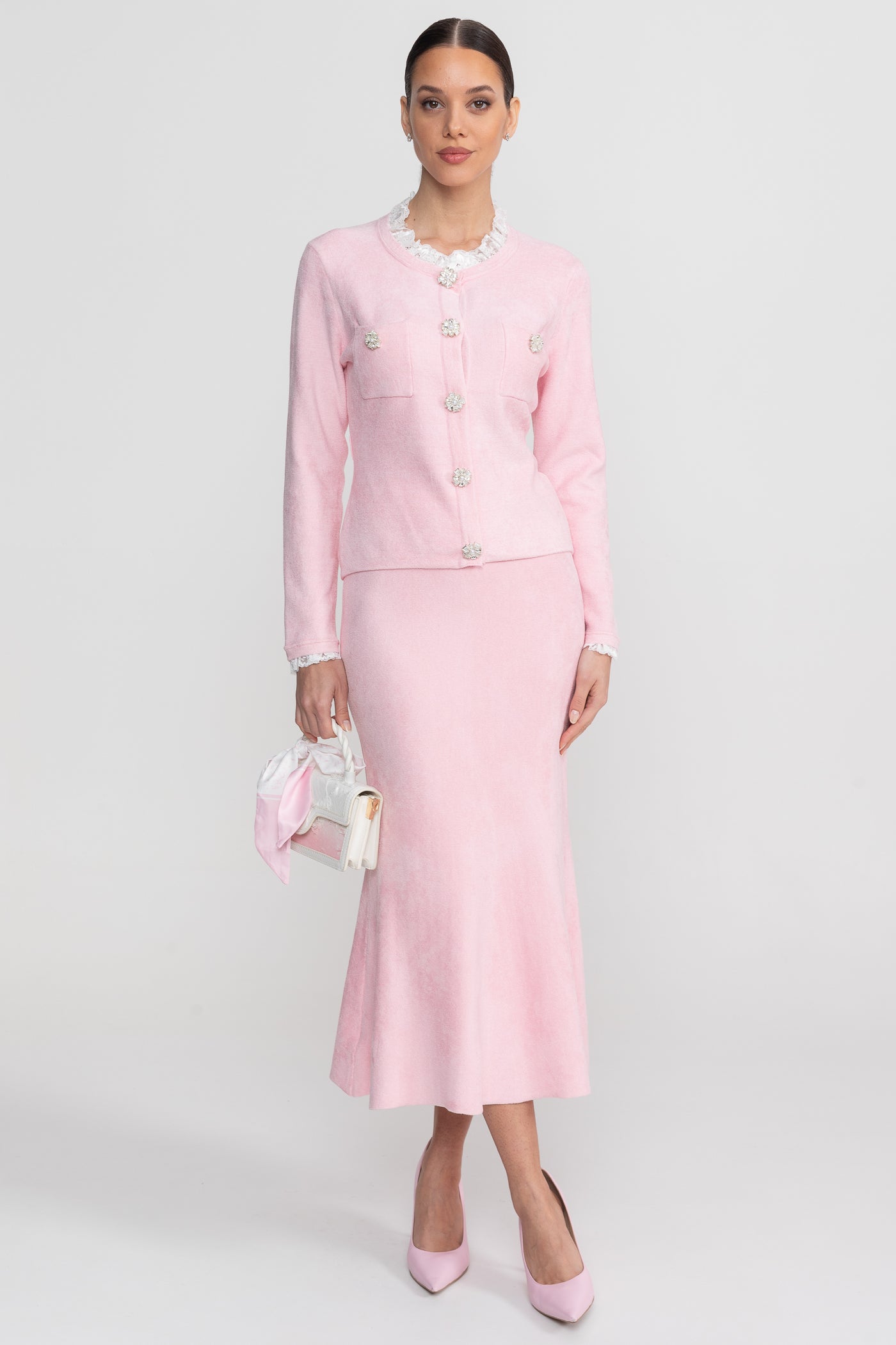 Ensemble à manches longues avec corsage en maille ajustée et détail de boutons en cristal - Blush Pink 