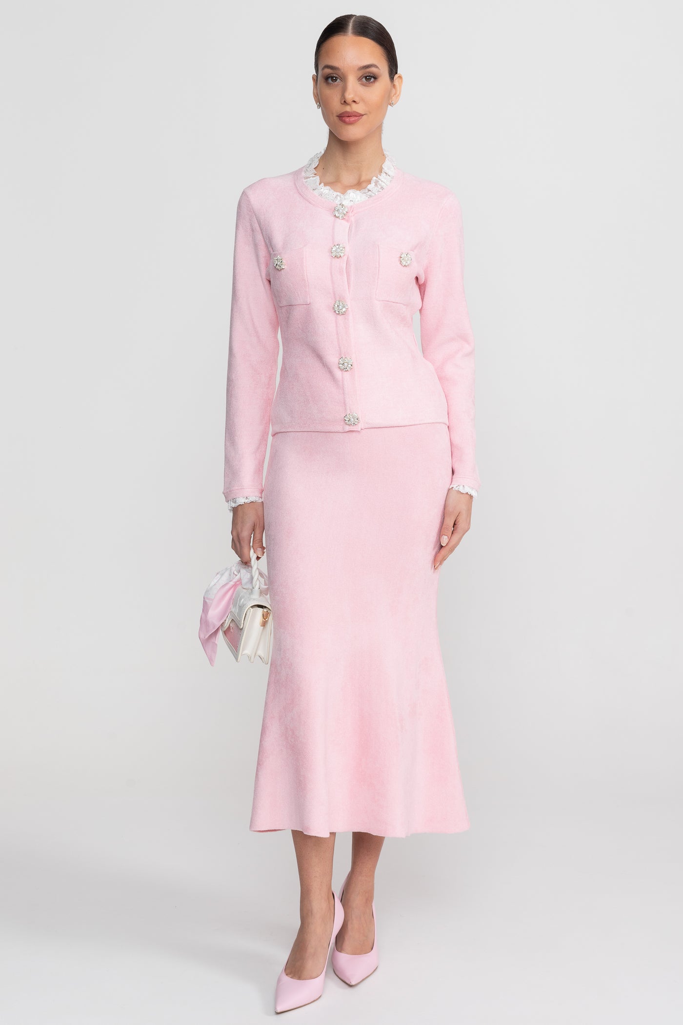 Ensemble à manches longues avec corsage en maille ajustée et détail de boutons en cristal - Blush Pink 
