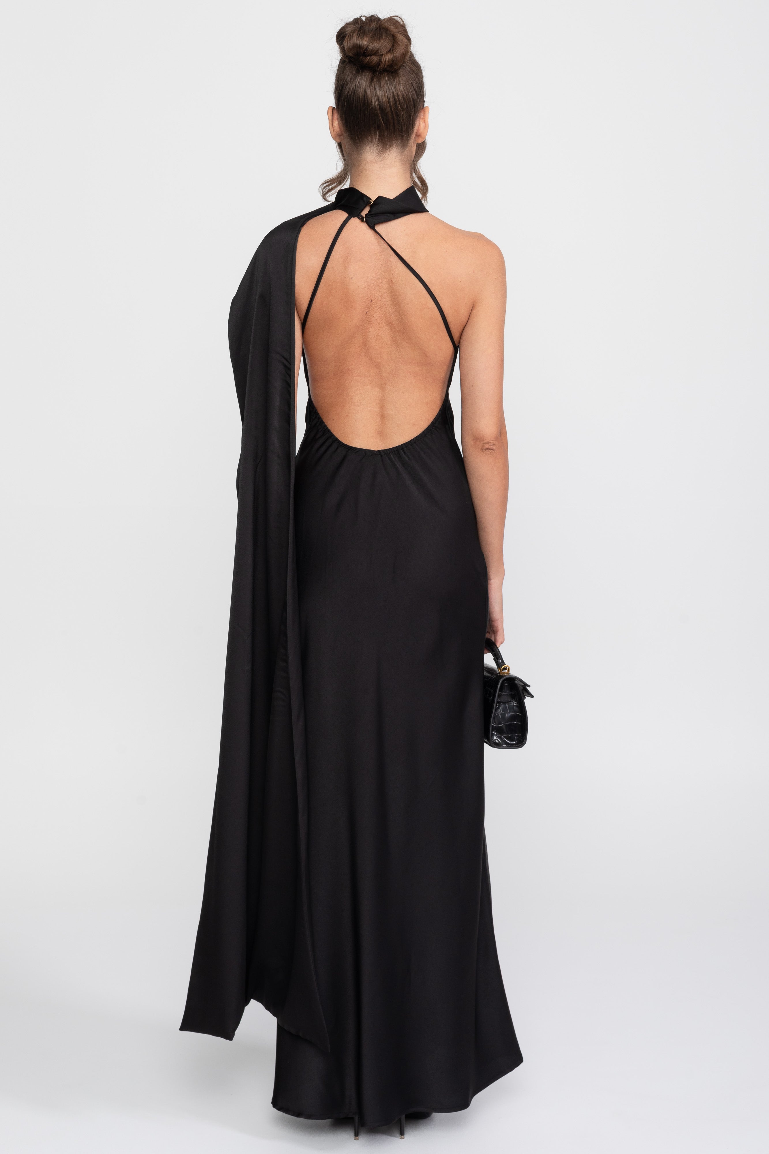 Twist Halter Satin Slip Dress With Asymmetric Neckline - Black